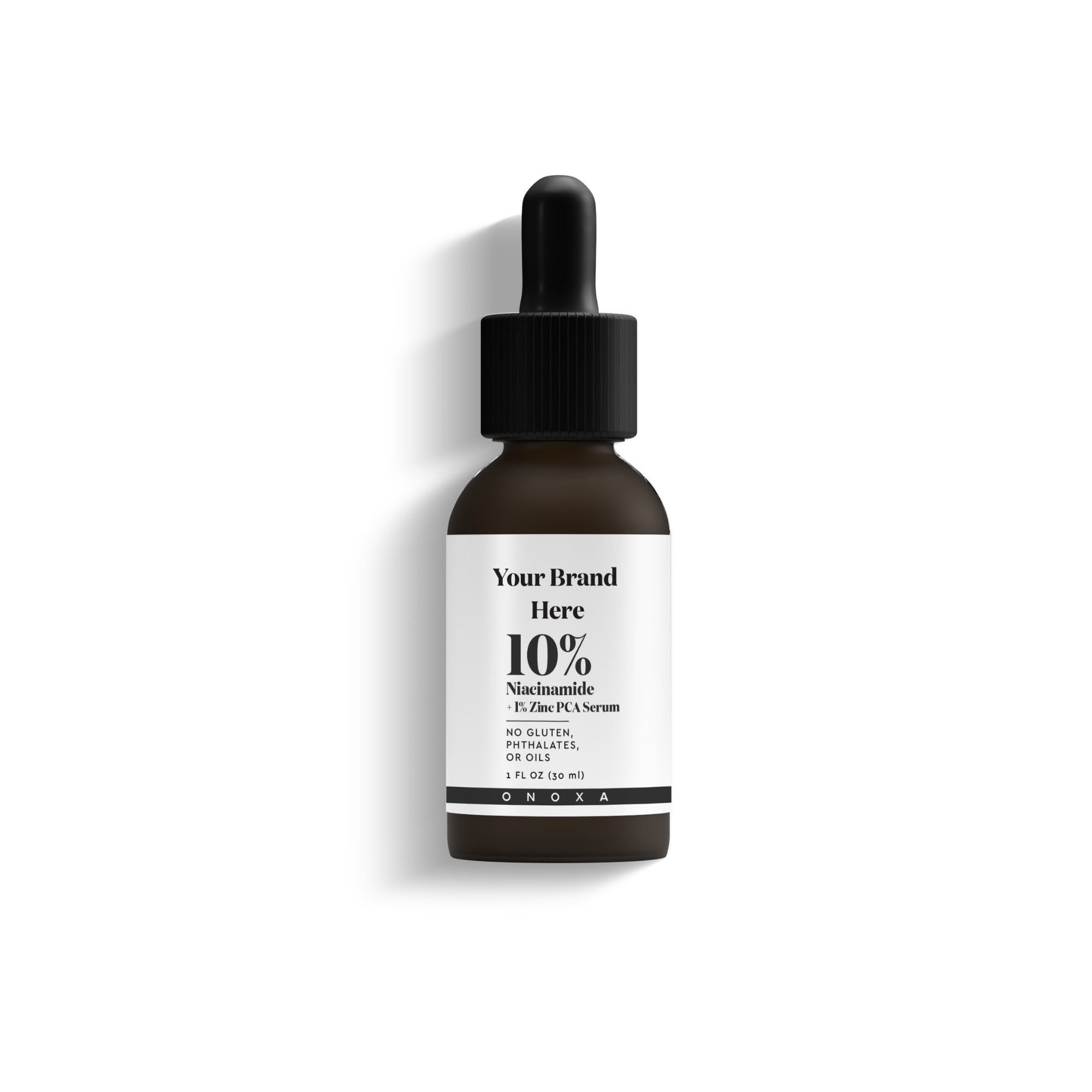 Onoxa custom formula Niacinamide and Zinc serum in UV-protective amber bottle with black dropper