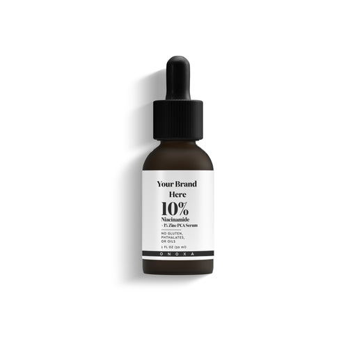 Onoxa custom formula Niacinamide and Zinc serum in UV-protective amber bottle with black dropper