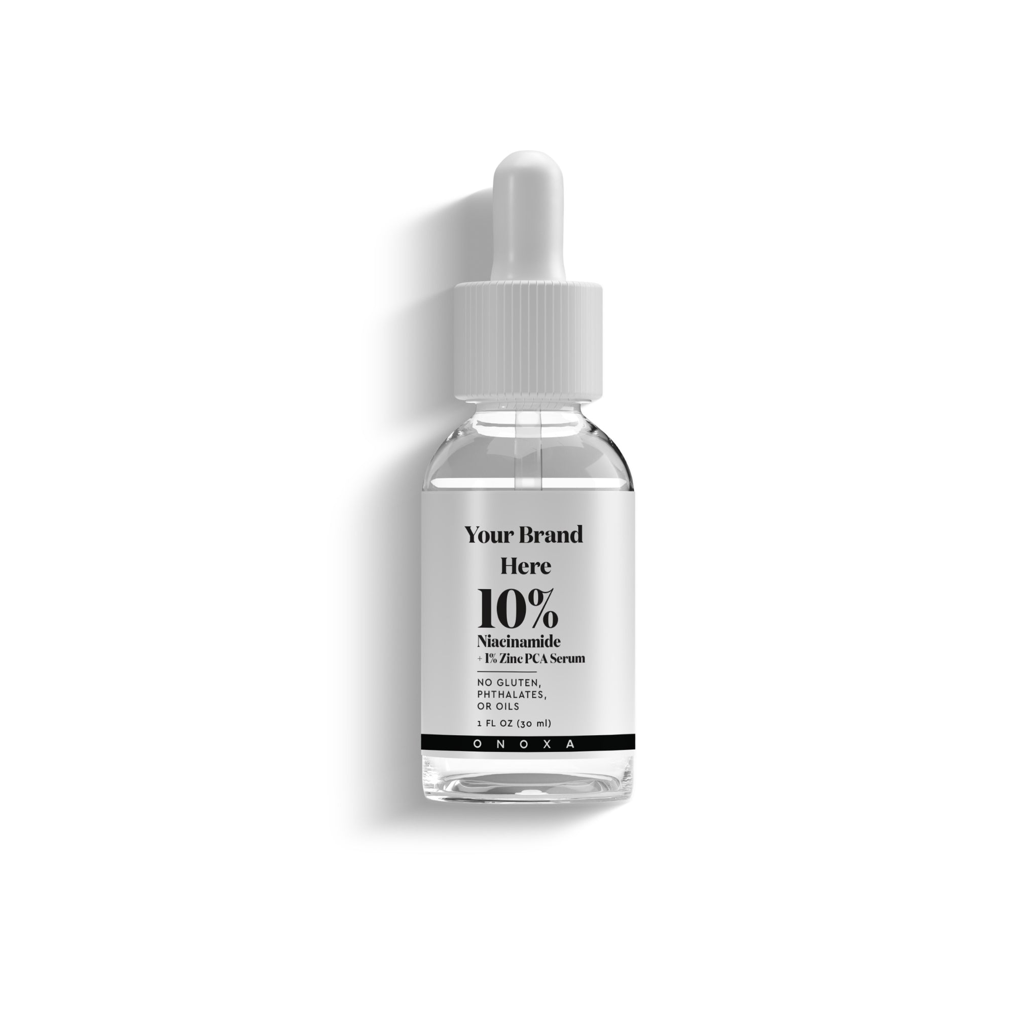 Onoxa custom formula Niacinamide and Zinc serum in UV-protective clear bottle with white dropper