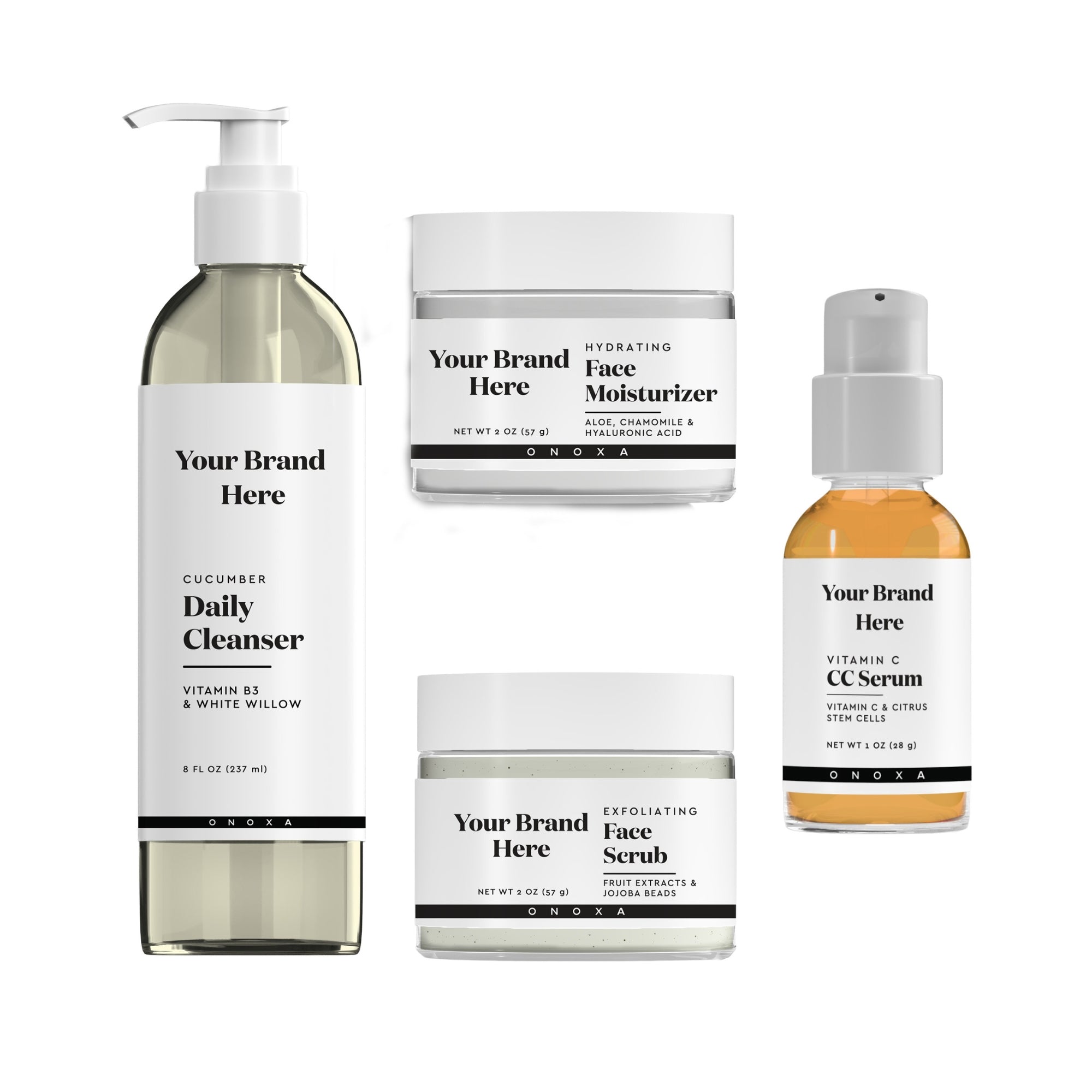 set of 4 Skincare products with bottles and containers on a white background