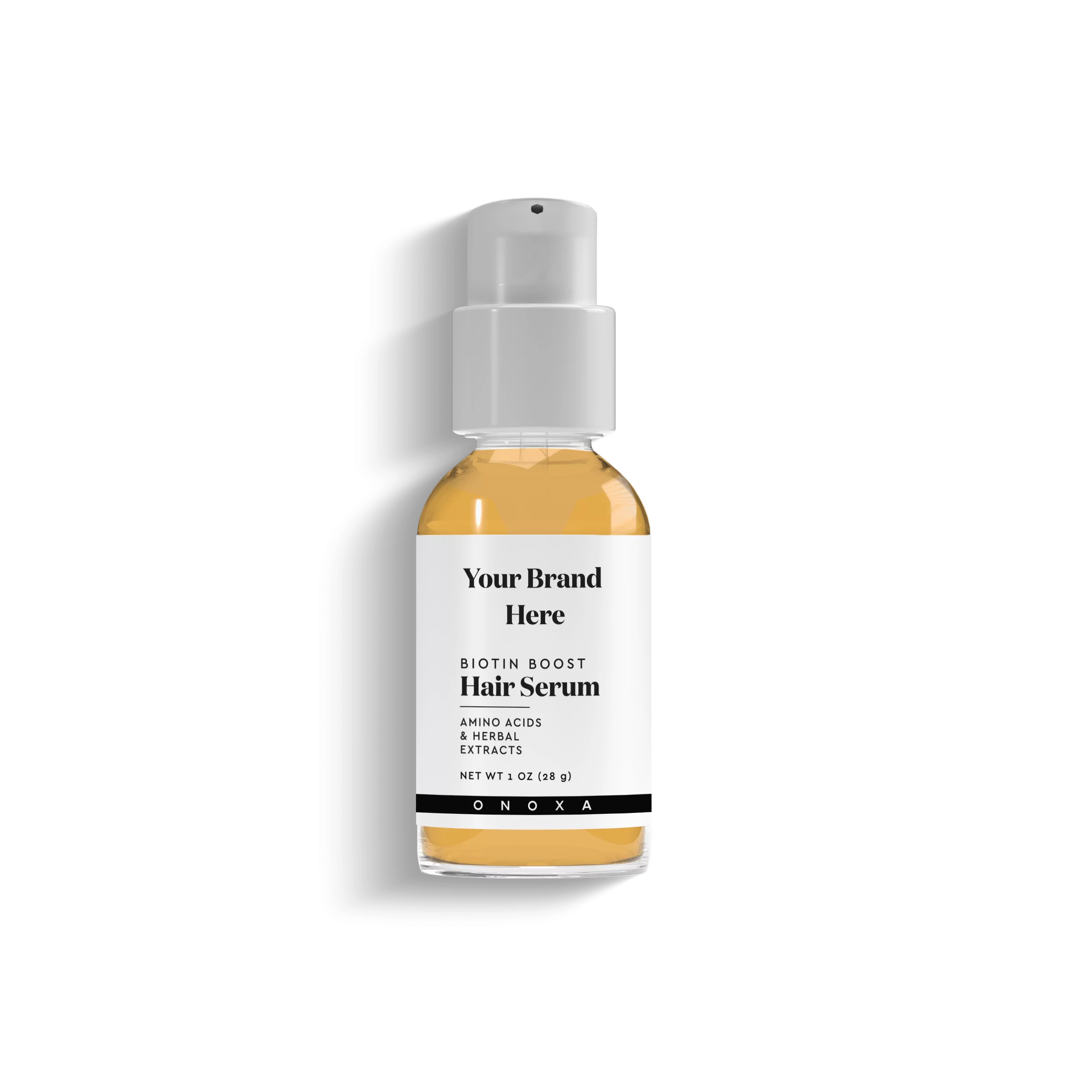 Onoxa custom label Biotin Boost Hair Serum with amino acids & herbal extracts in 1 oz (28g) clear glass bottle with white pump dispenser