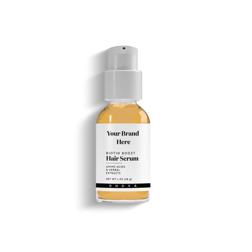 Onoxa custom label Biotin Boost Hair Serum with amino acids & herbal extracts in 1 oz (28g) clear glass bottle with white pump dispenser