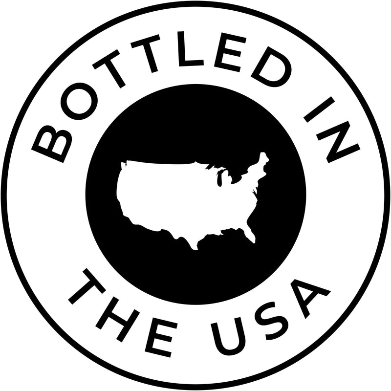 Logo with 'Bottled in the USA' text and a map of the United States inside a circle.