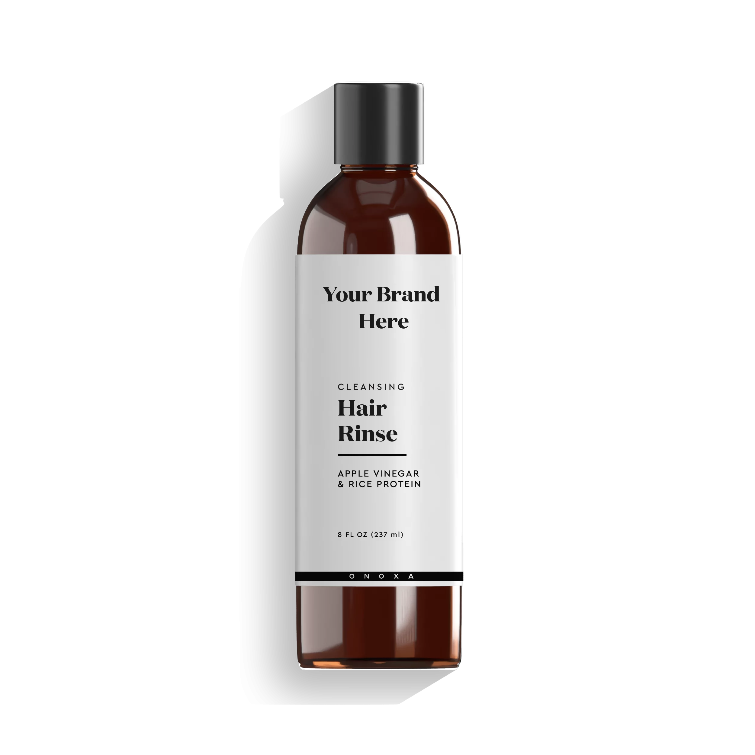 Onoxa Cleansing Hair Rinse with apple vinegar and rice protein in amber 8 fl oz (237ml) bottle with black cap