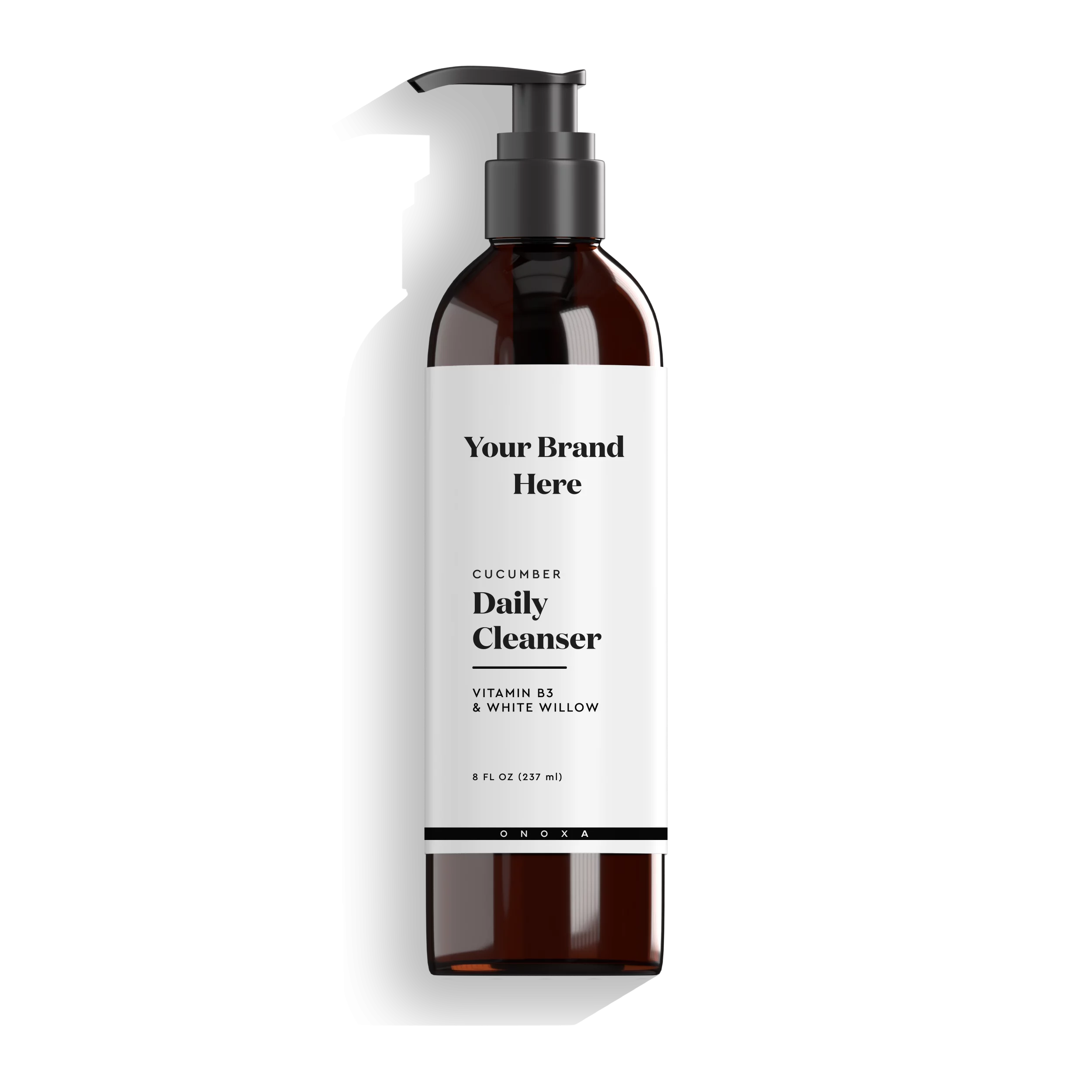 Onoxa custom label 8 fl oz (237ml) amber pump bottle of Cucumber Daily Cleanser with vitamin B3 and white willow