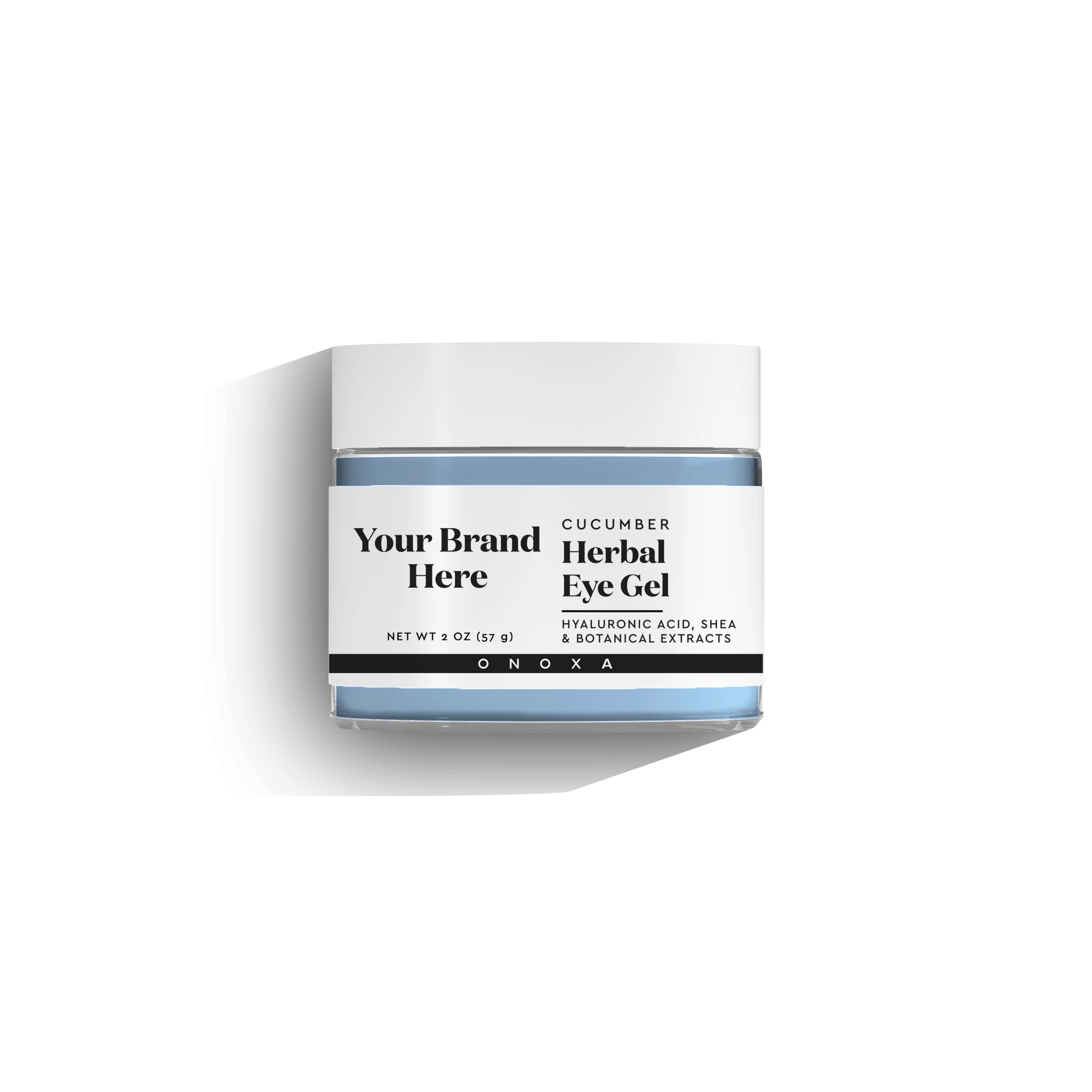 Onoxa private label Cucumber Herbal Eye Gel in 2 oz (57g) clear glass jar with hyaluronic acid, shea and botanical extracts