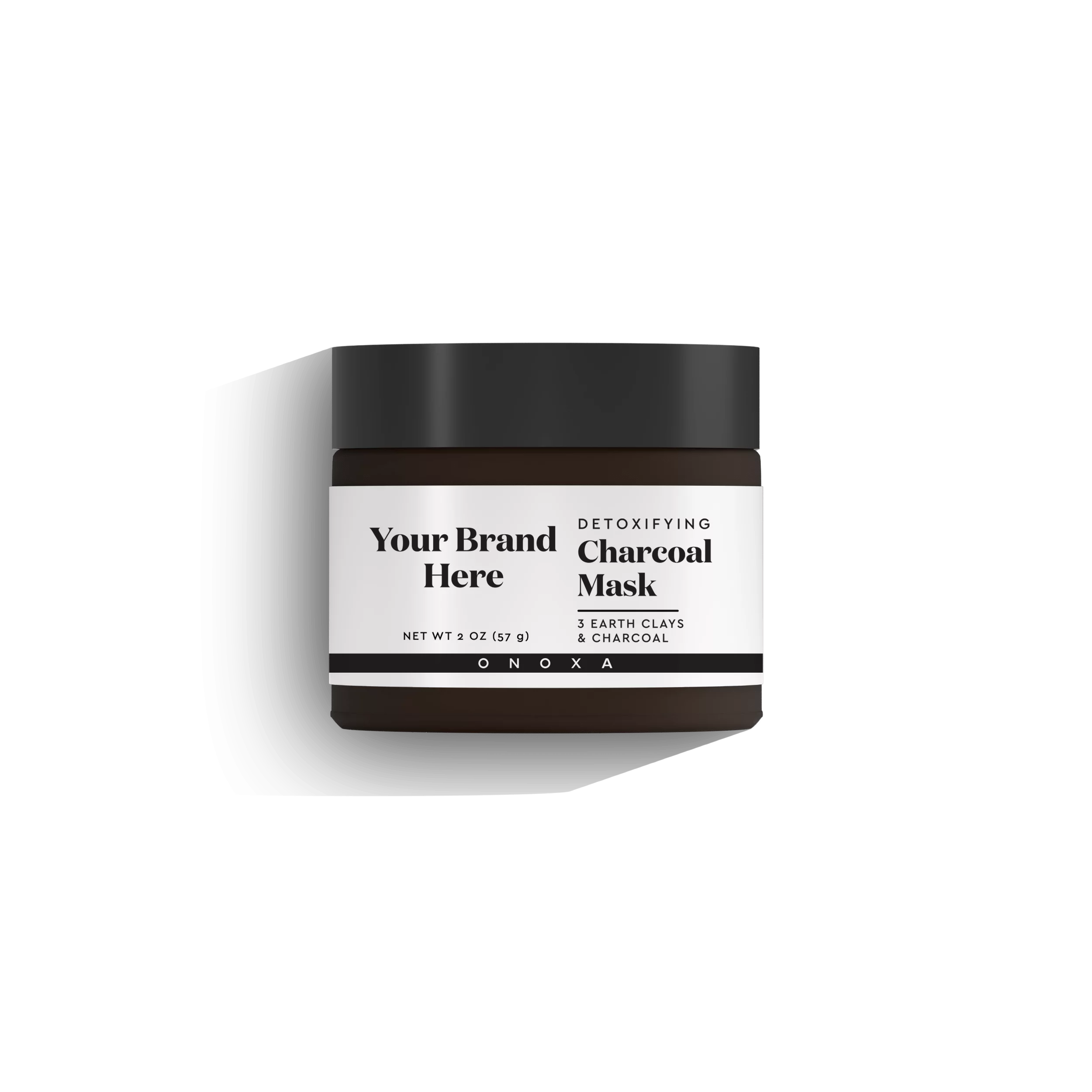 Onoxa custom label Detoxifying Charcoal Mask in 2 oz (57g) amber glass jar with three earth clays and charcoal