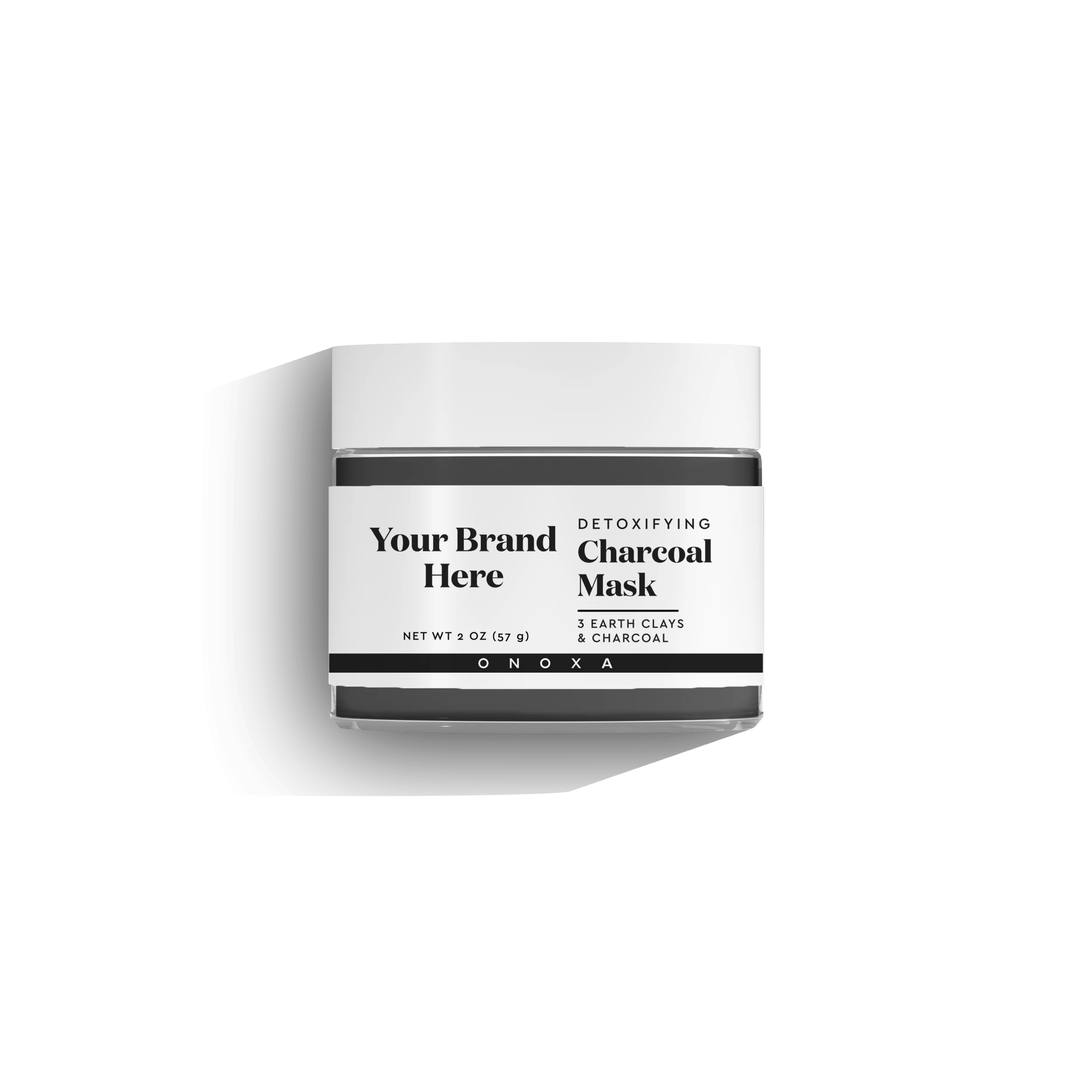 Onoxa custom label Detoxifying Charcoal Mask in 2 oz (57g) clear glass jar with three earth clays and charcoal