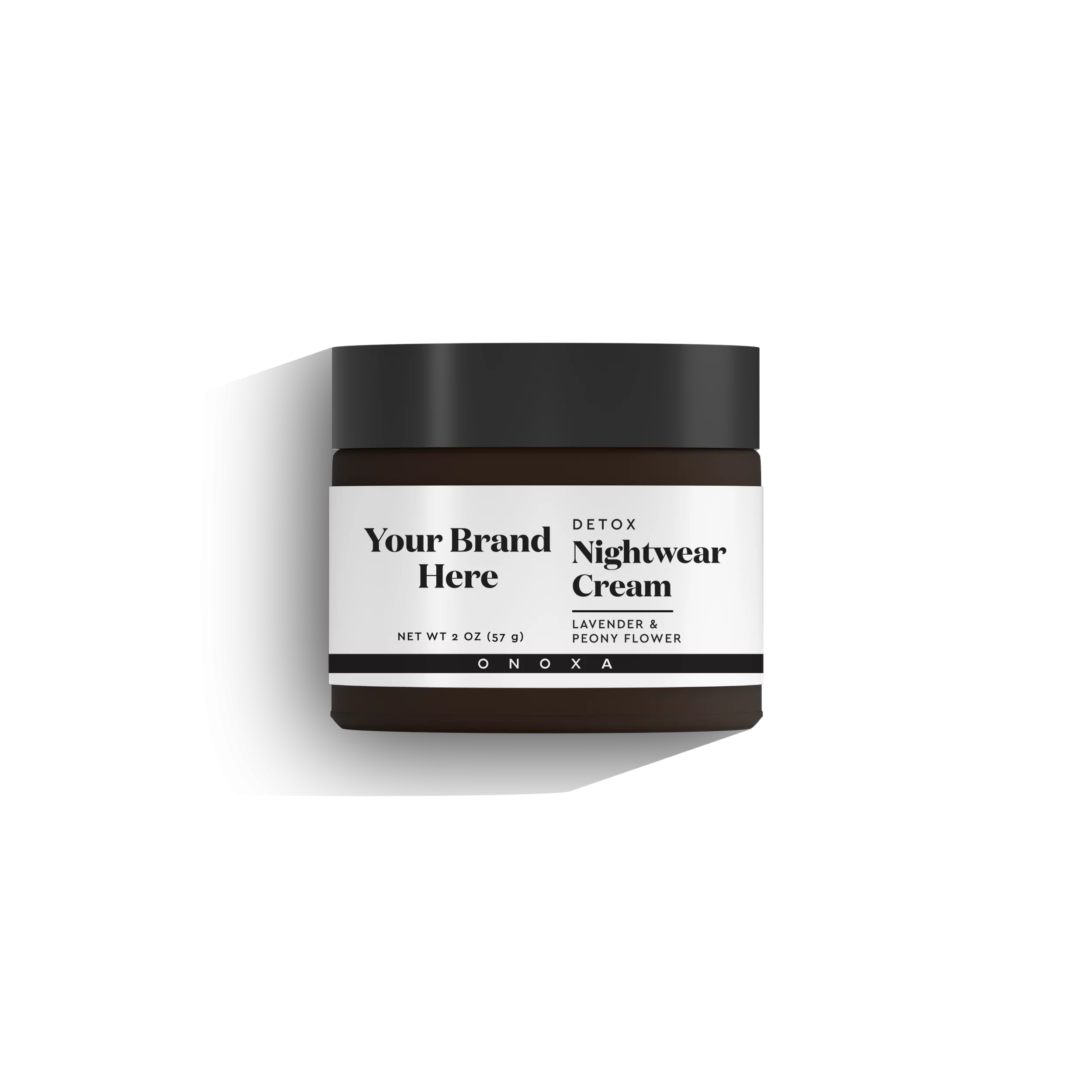 Onoxa custom label Detox Nightwear Cream with lavender and peony flower in 2 oz (57g) amber glass jar with a black lid