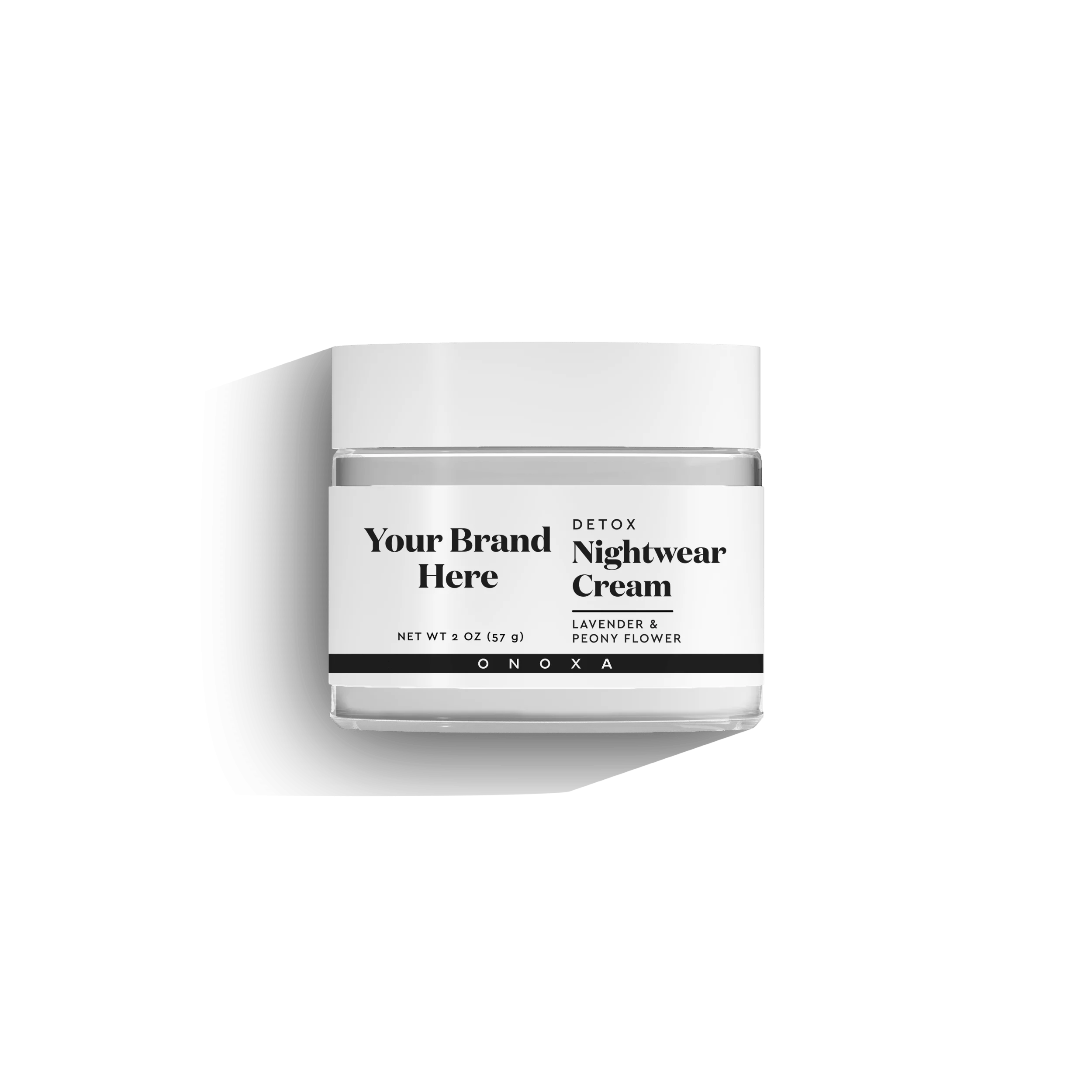 Onoxa custom label Detox Nightwear Cream with lavender and peony flower in 2 oz (57g) clear glass jar with a white lid