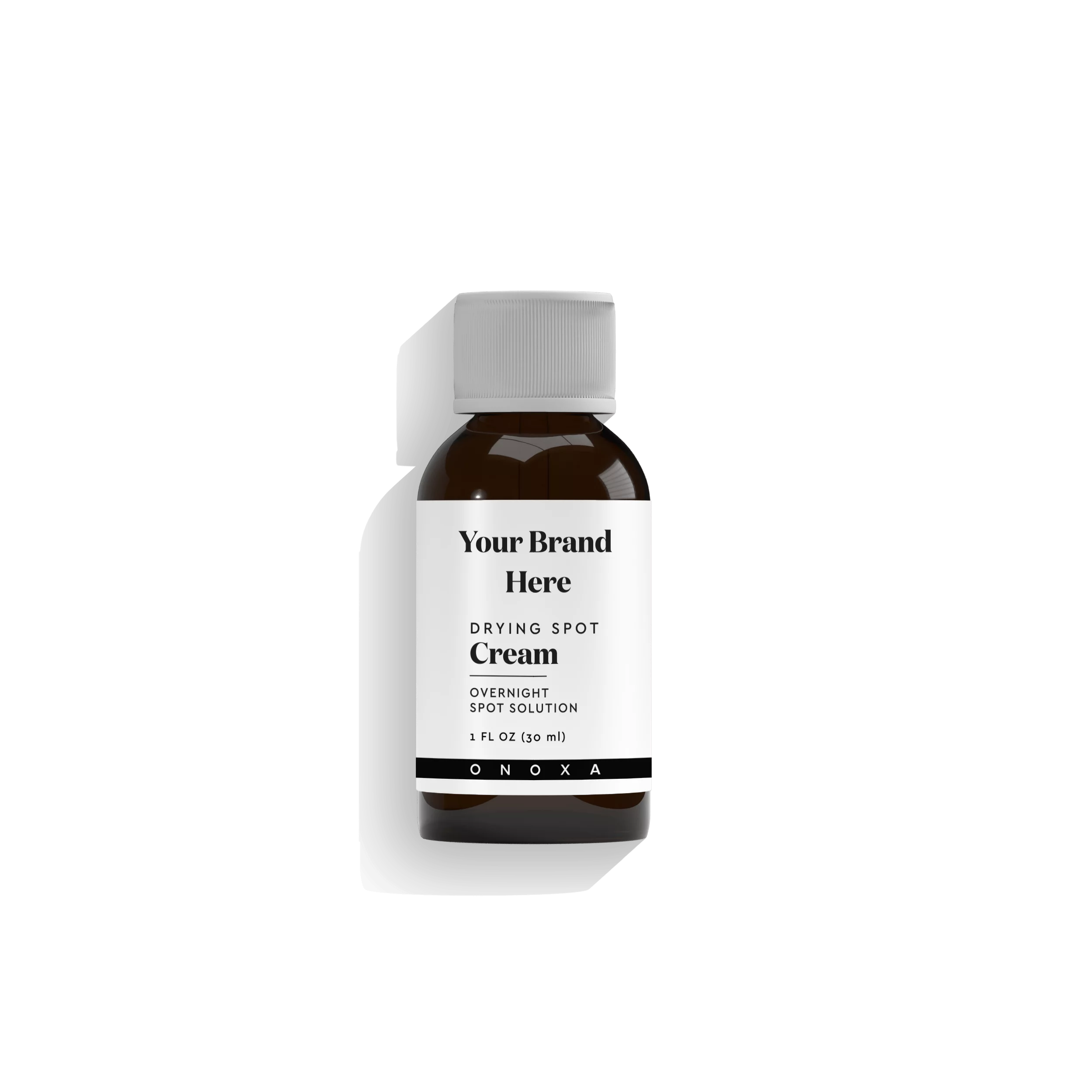 Private label drying spot cream by Onoxa, an overnight blemish solution packaged in a 1 fl oz (30ml) amber glass bottle for custom branding