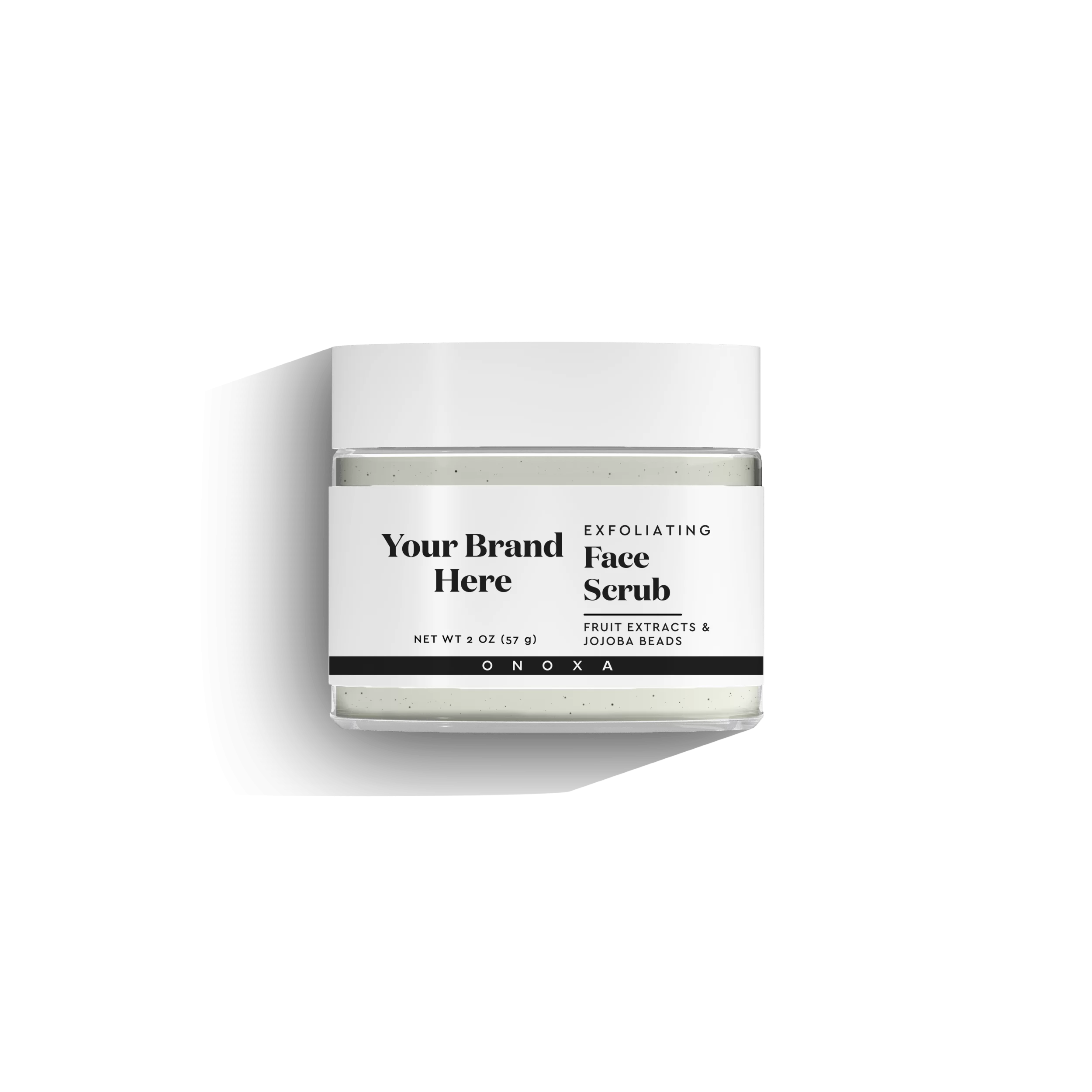 Onoxa custom label exfoliating facial scrub with fruit extracts and jojoba beads in 2 oz (57g) clear glass jar for custom skincare lines