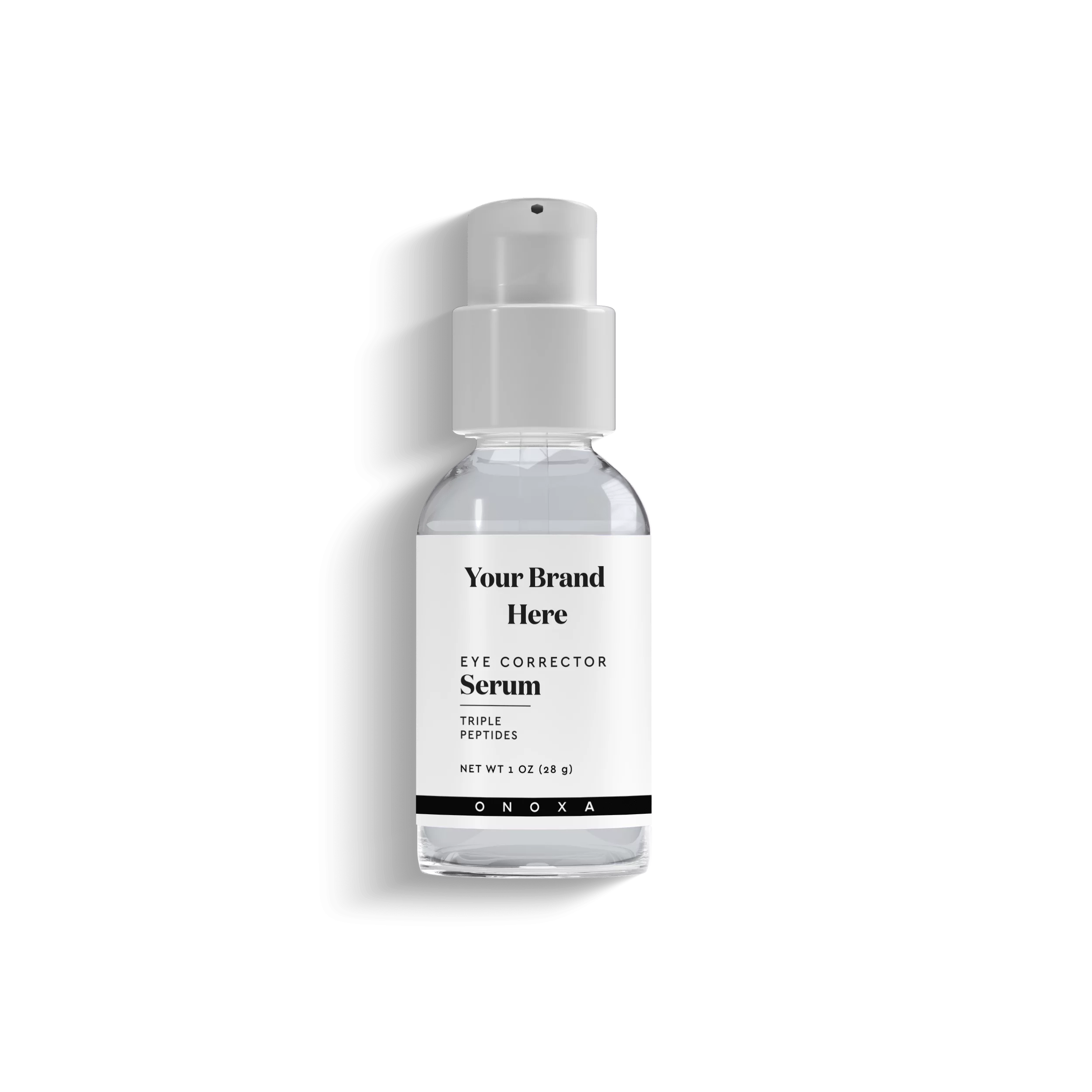 Onoxa Eye Corrector Serum with triple peptides in 1 oz (28g) clear glass pump bottle for custom branding