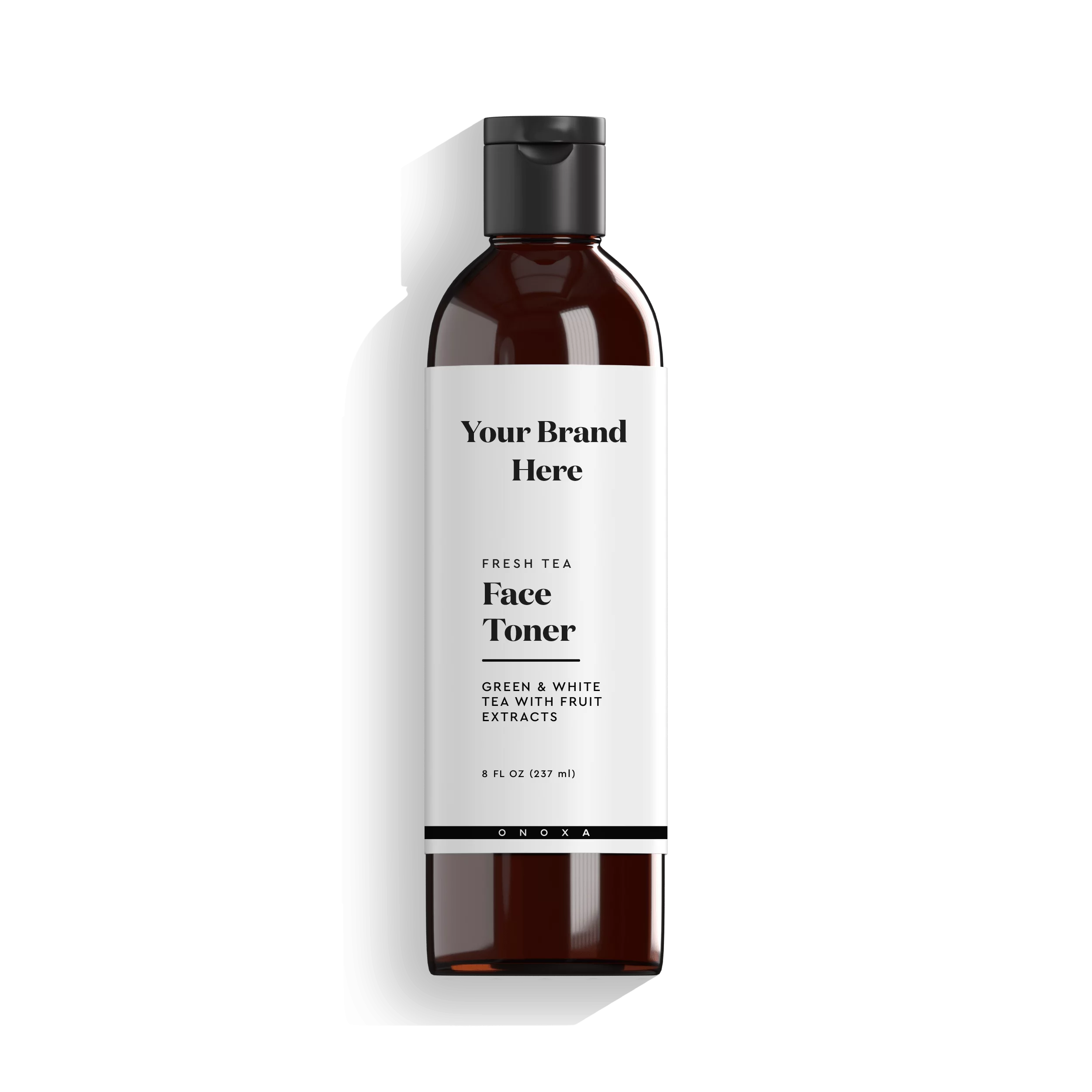 Onoxa custom private label face toner mockup with antioxidant green tea and fruit extracts in 8 fl oz (237ml) amber bottle 