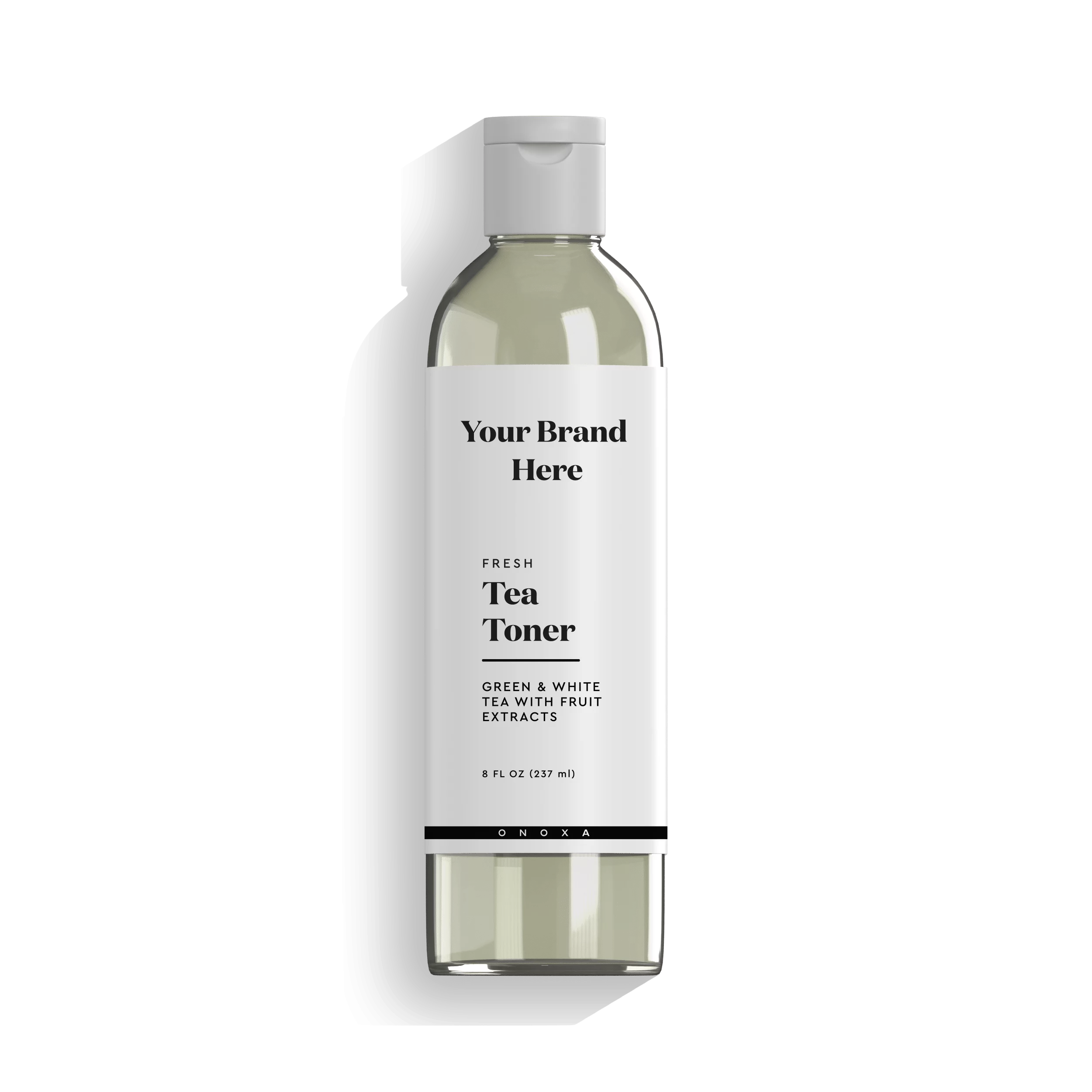 Onoxa custom private label face toner mockup with antioxidant green tea and fruit extracts in 8 fl oz (237ml) clear bottle 