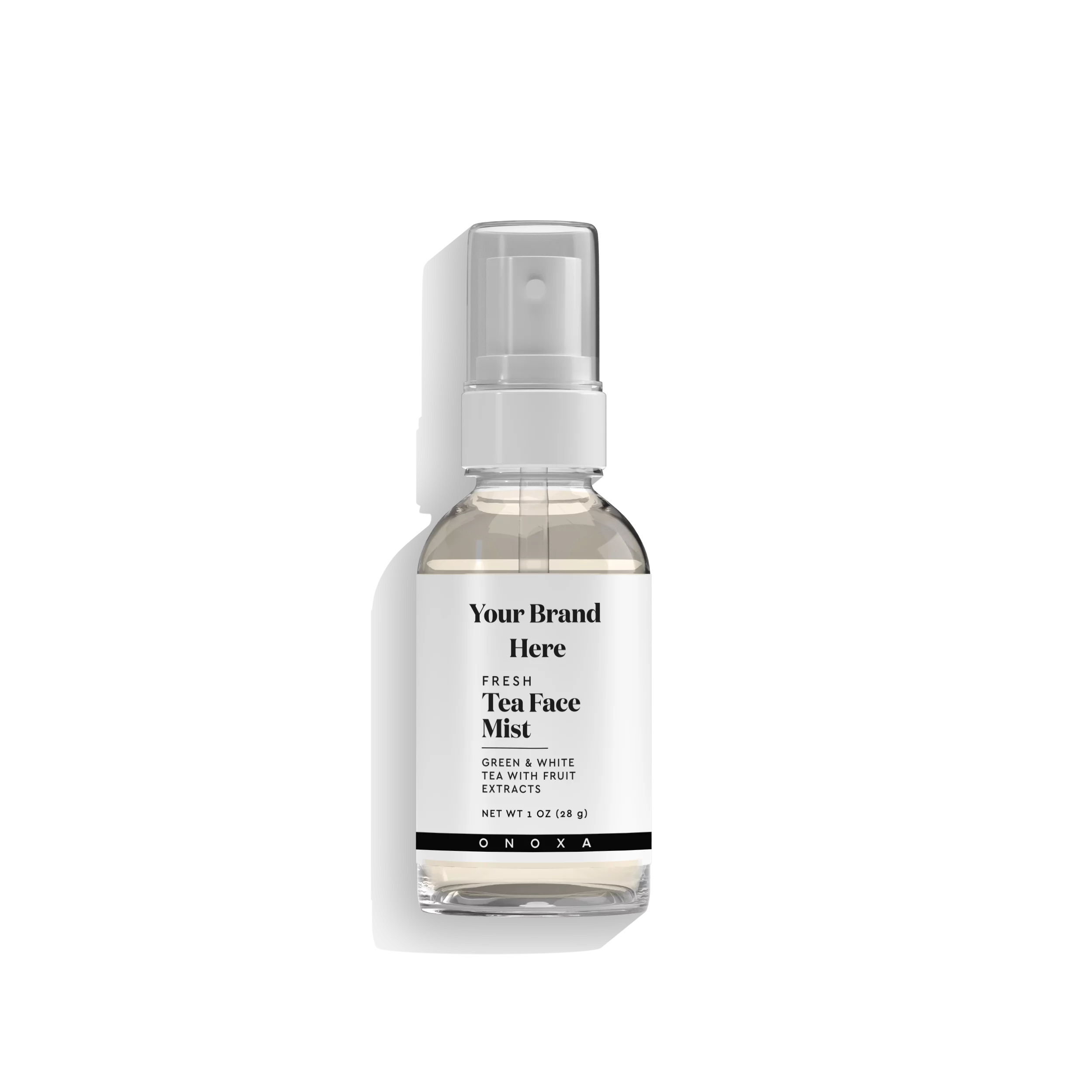 Onoxa custom label 1 oz (28g) clear spray bottle of Fresh Tea Face Mist with green & white tea + fruit extracts in a clear bottle