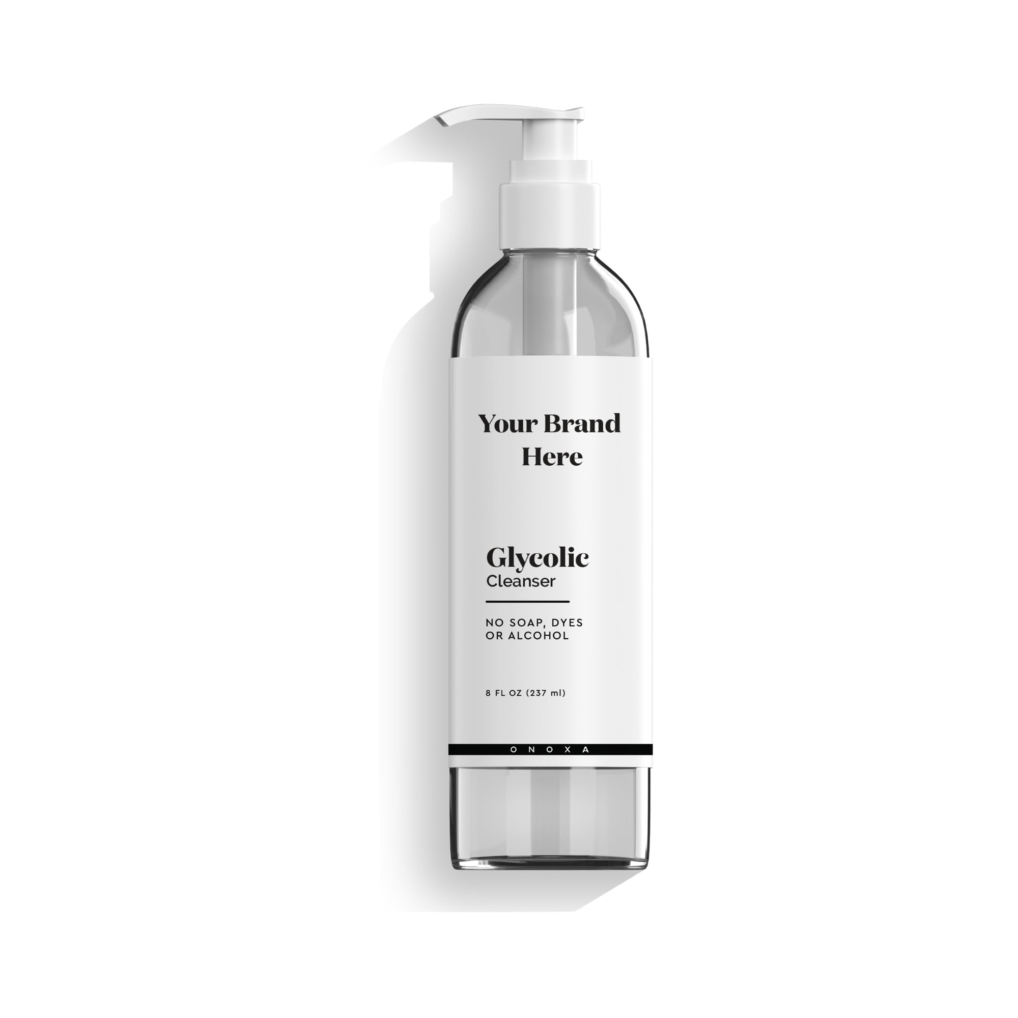 Onoxa white label gentle glycolic exfoliating face wash in 8oz clear bottle packaging