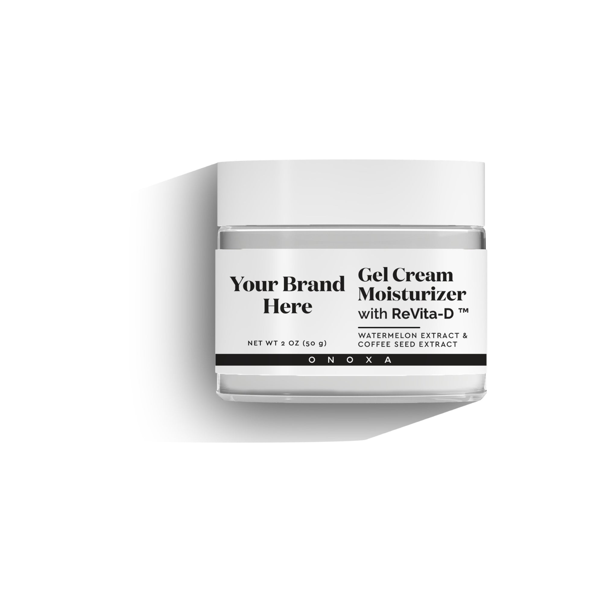 Onoxa Gel Cream Moisturizer with ReVita-D, watermelon extract and coffee seed extract in clear 2 oz (50g) glass jar with white lid