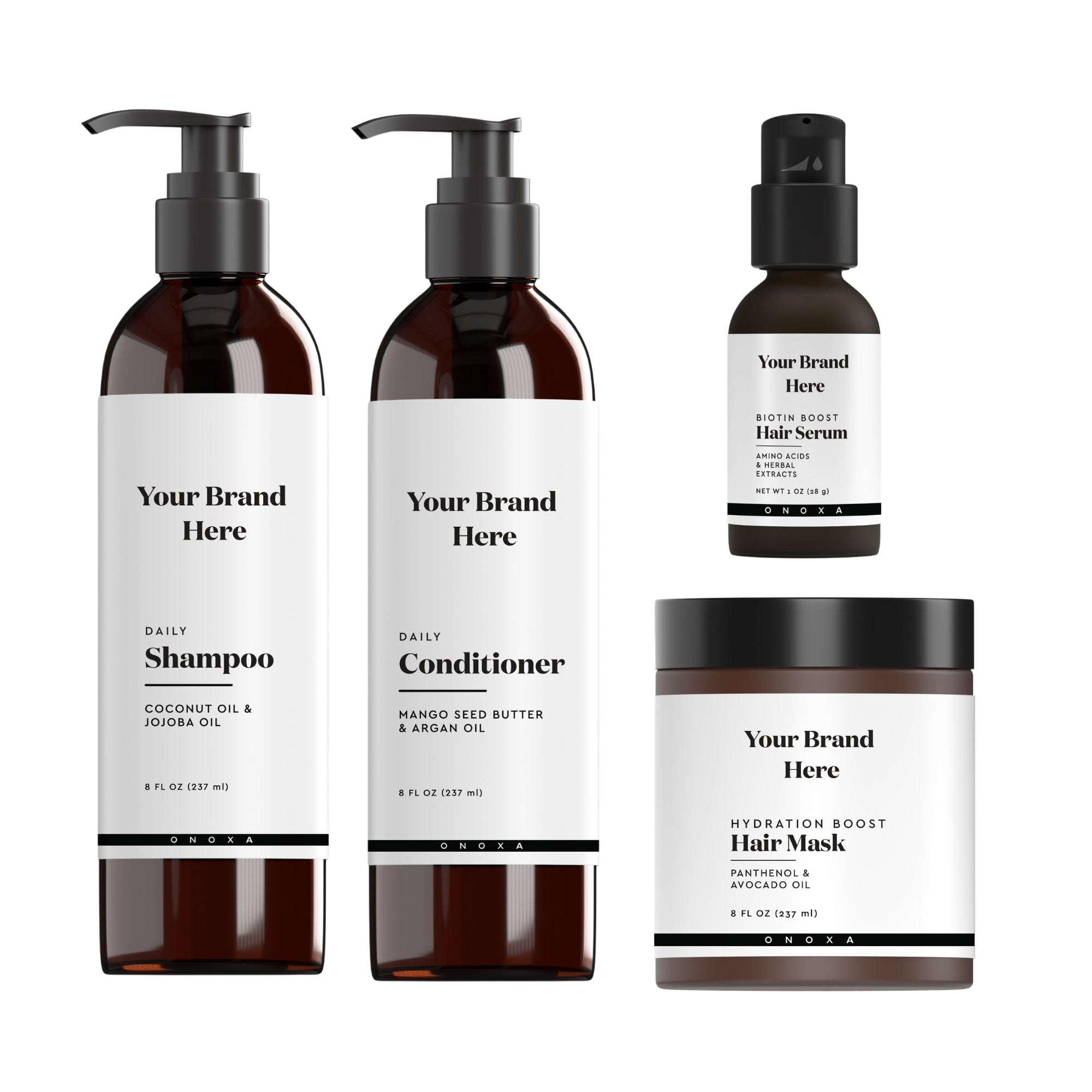Onoxa hair care collection: Daily Shampoo with coconut oil and jojoba oil, Daily Conditioner with mango seed butter and argan oil, Biotin Boost Hair Serum with amino acids and herbal extracts, and Hydration Boost Hair Mask with panthenol and avocado oil