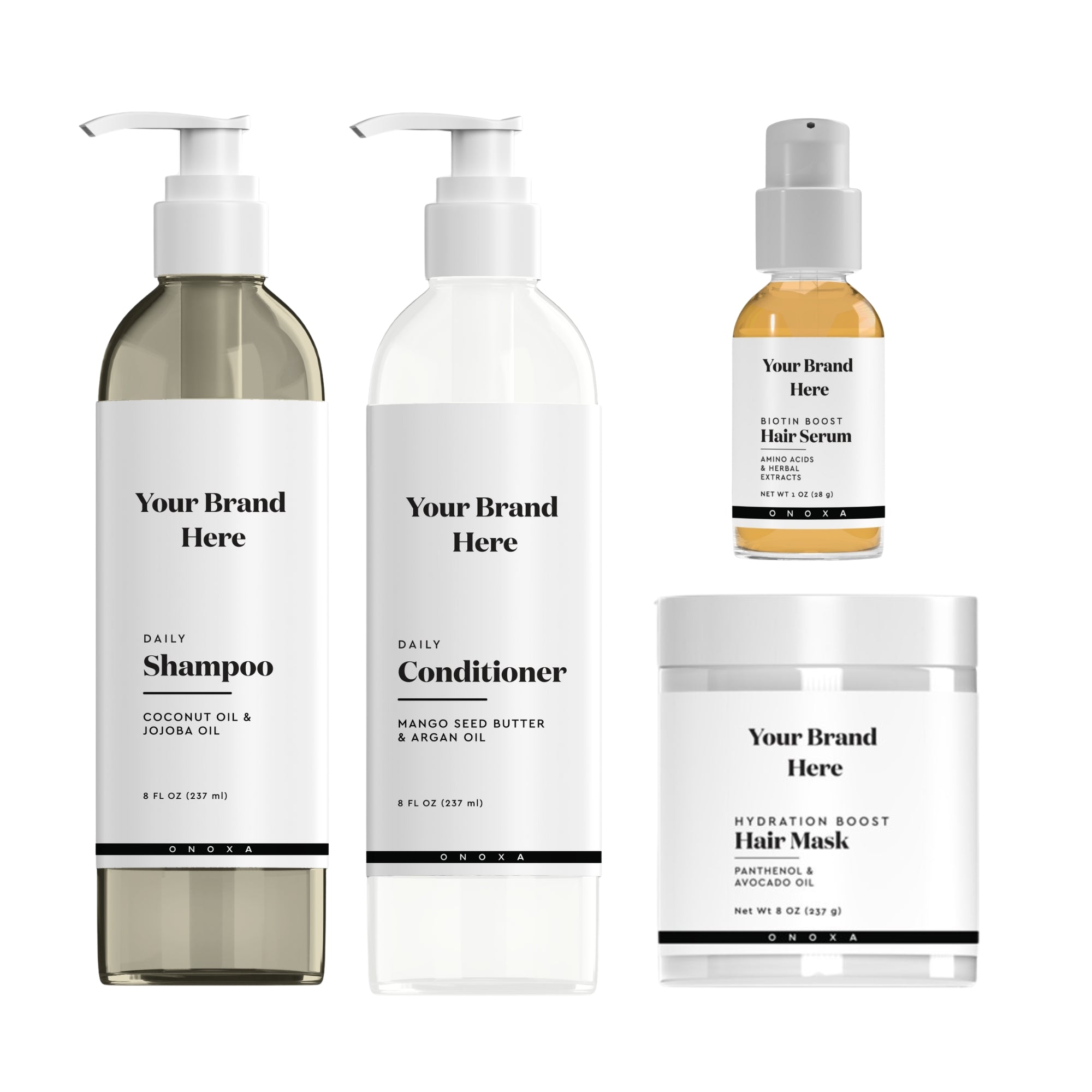 Onoxa hair care collection: Daily Shampoo with coconut oil and jojoba oil, Daily Conditioner with mango seed butter and argan oil, Biotin Boost Hair Serum with amino acids and herbal extracts, and Hydration Boost Hair Mask with panthenol and avocado oil