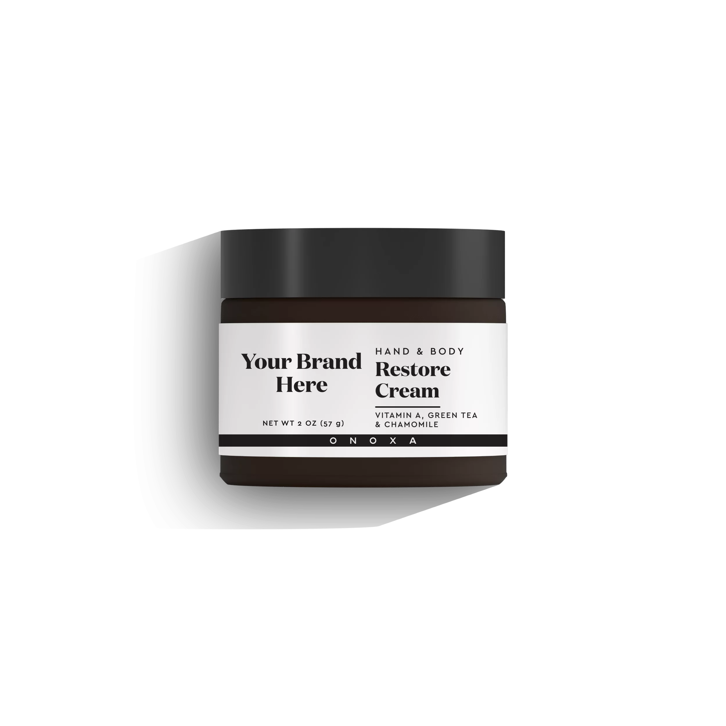 Onoxa white label restorative hand and body cream packaging in 2 oz (57g) amber jar for custom skincare lines