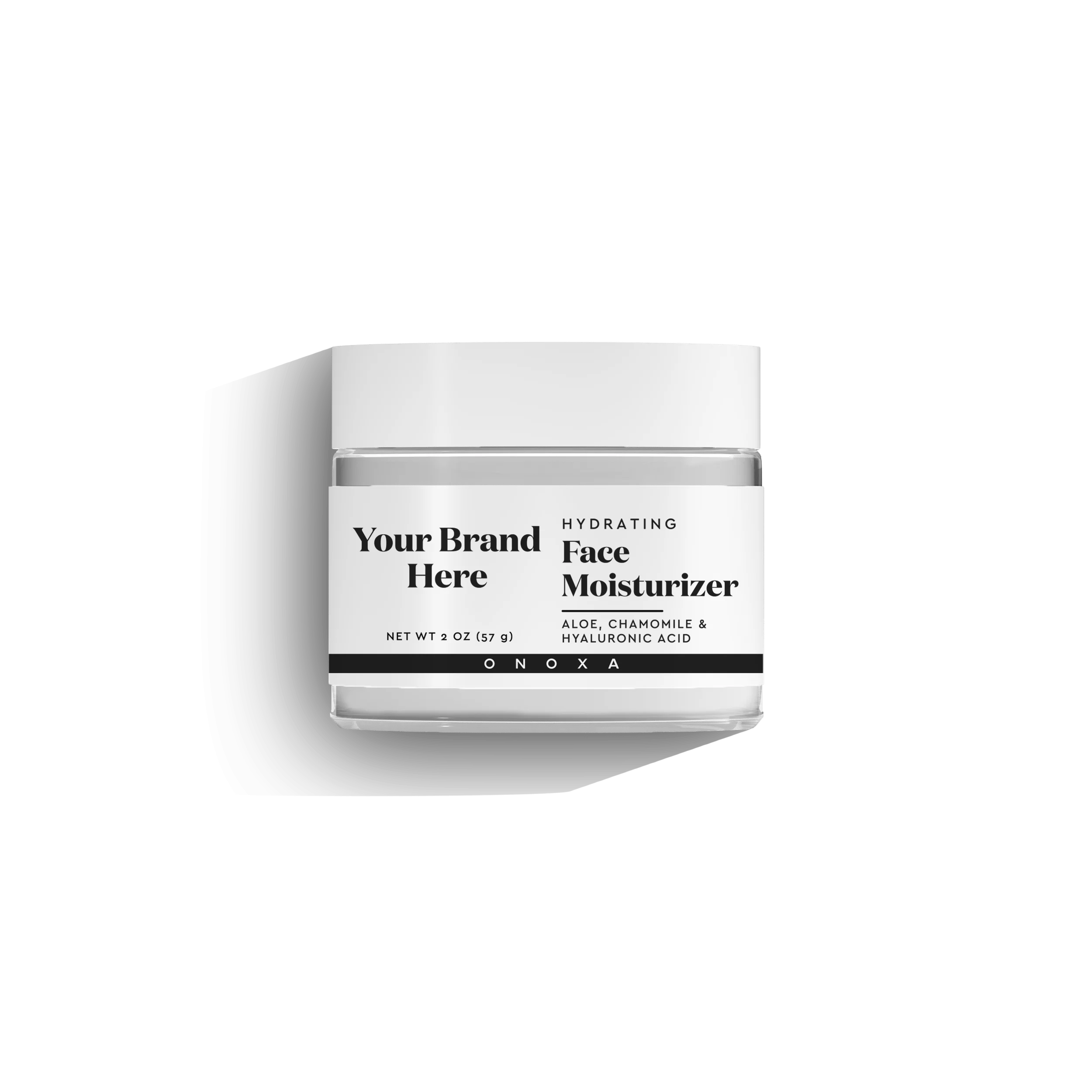 Onoxa custom label hydrating face moisturizer with aloe, chamomile and hyaluronic acid in 2 oz (57g) clear glass jar with a white lid