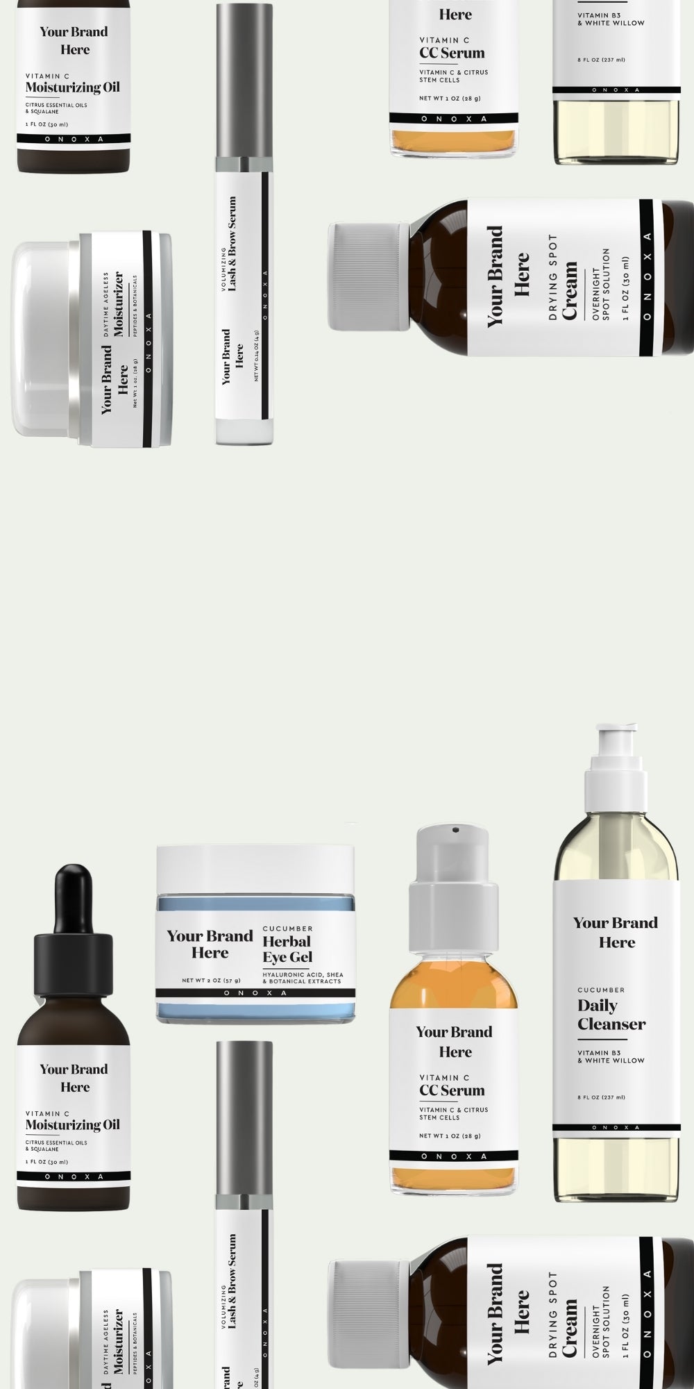 Onoxa's products in a flatlay design featuring white label beauty and skincare products