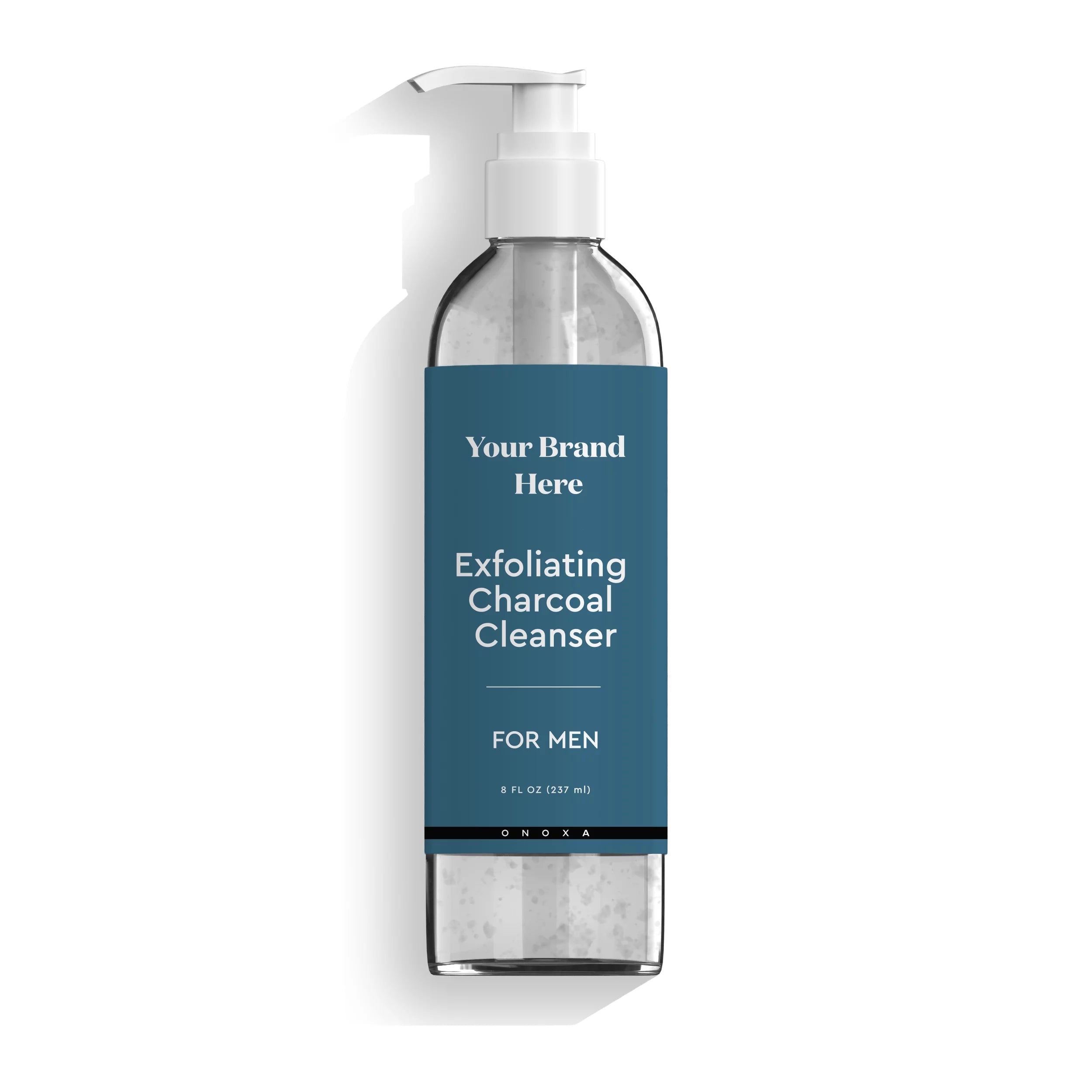 Onoxa Exfoliating Charcoal Cleanser for Men in clear 8 fl oz (237ml) clear pump bottle 