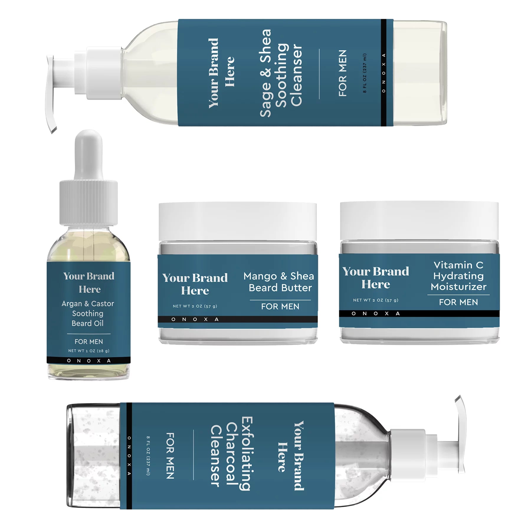 Onoxa for Men grooming collection: Sage & Shea Soothing Cleanser, Argan & Castor Beard Oil, Mango & Shea Beard Butter, Vitamin C Hydrating Moisturizer, and Exfoliating Charcoal Cleanser in clear glass bottles and jars