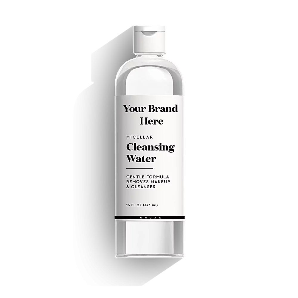 Onoxa Micellar Cleansing Water gentle formula makeup remover and cleanser in 16 fl oz (473ml) clear bottle with white flip cap