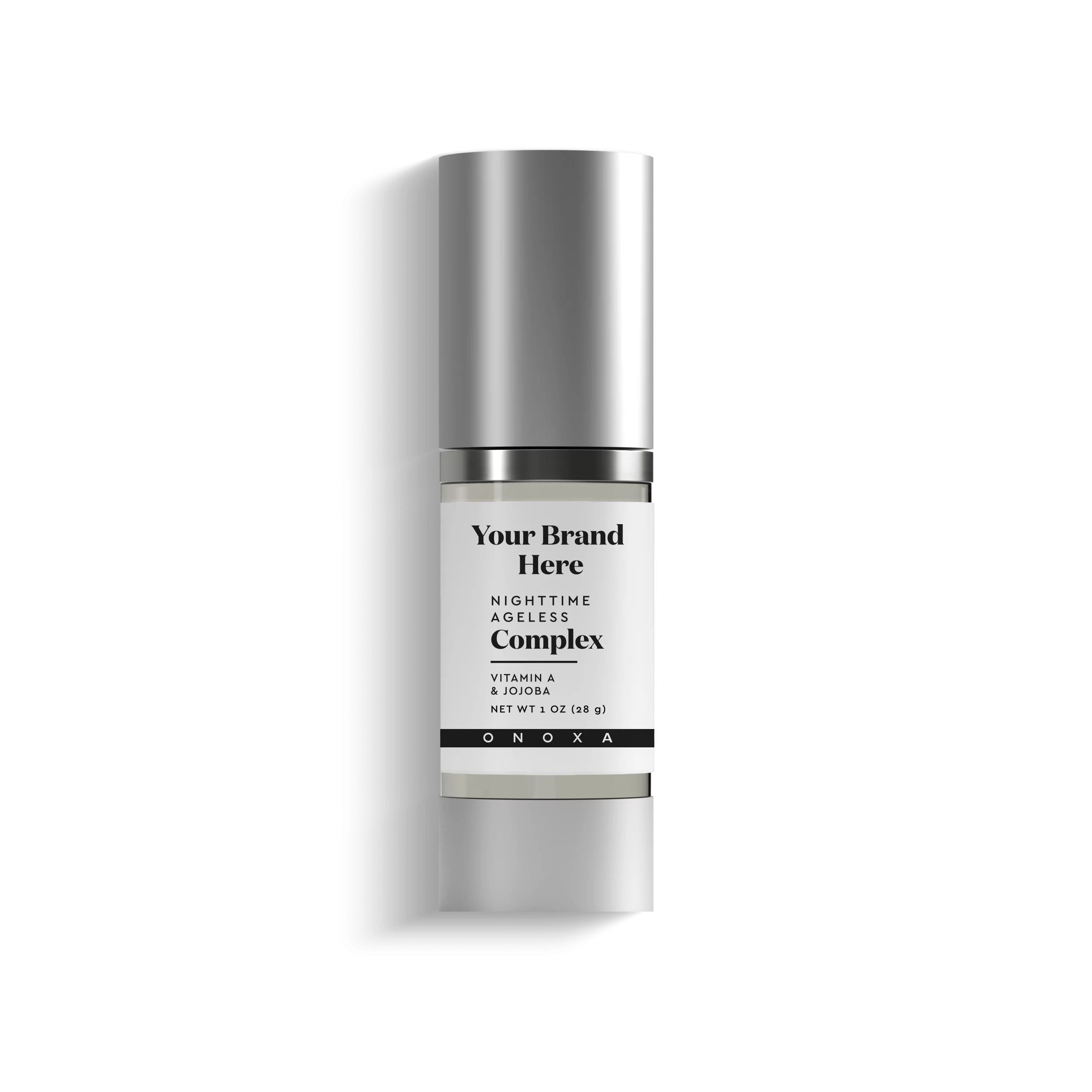 Onoxa Nighttime Ageless Complex with vitamin A and jojoba in 1oz (28g) silver pump bottle