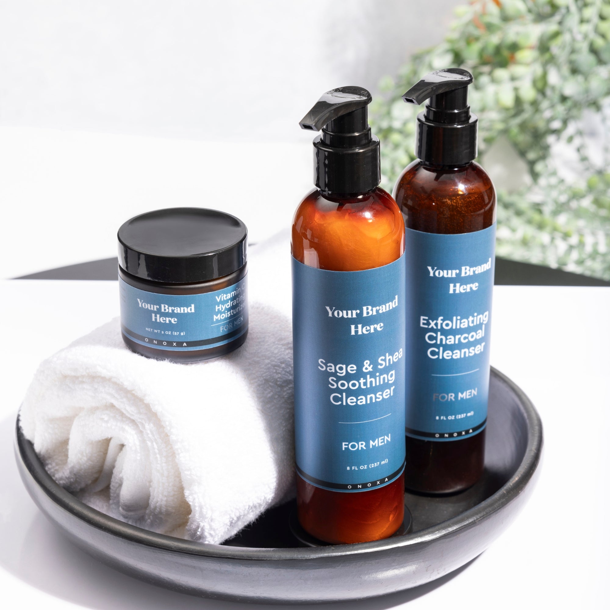 Onoxa's Men's product line featuring cleansers and moisturizers in amber bottles