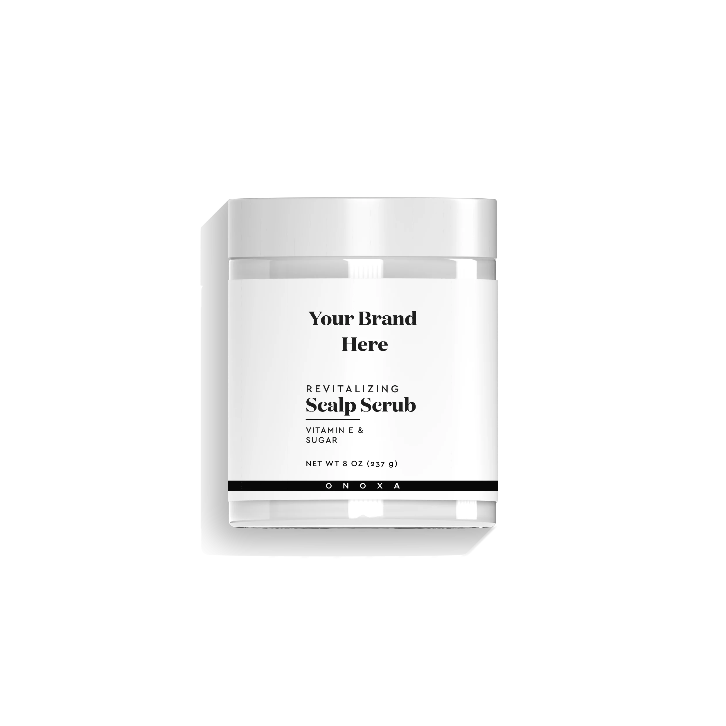 Onoxa Revitalizing Scalp Scrub with vitamin E and sugar in 8 oz (237g) clear glass jar with white lid