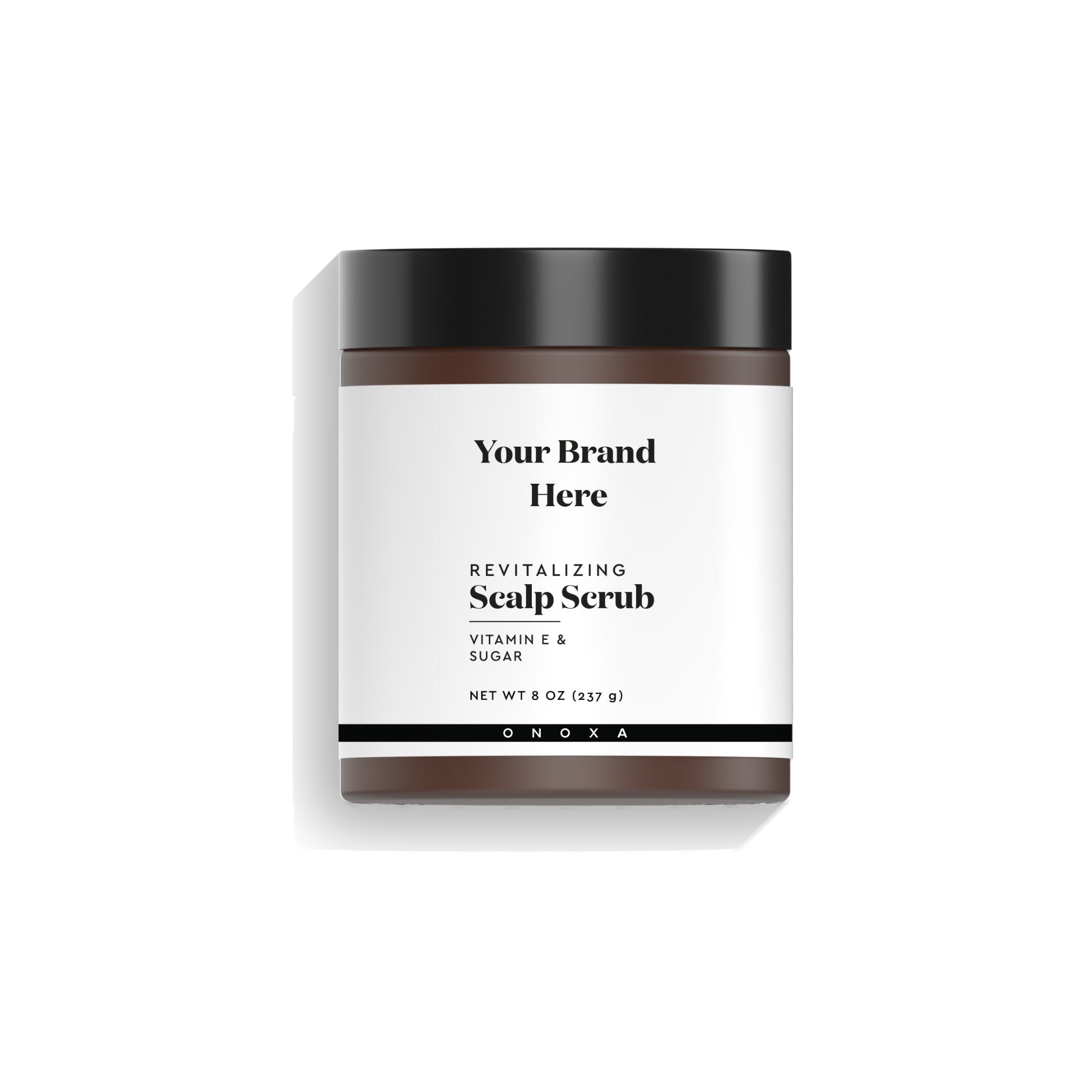 Onoxa Revitalizing Scalp Scrub with vitamin E and sugar in 8 oz (237g) amber jar with black lid