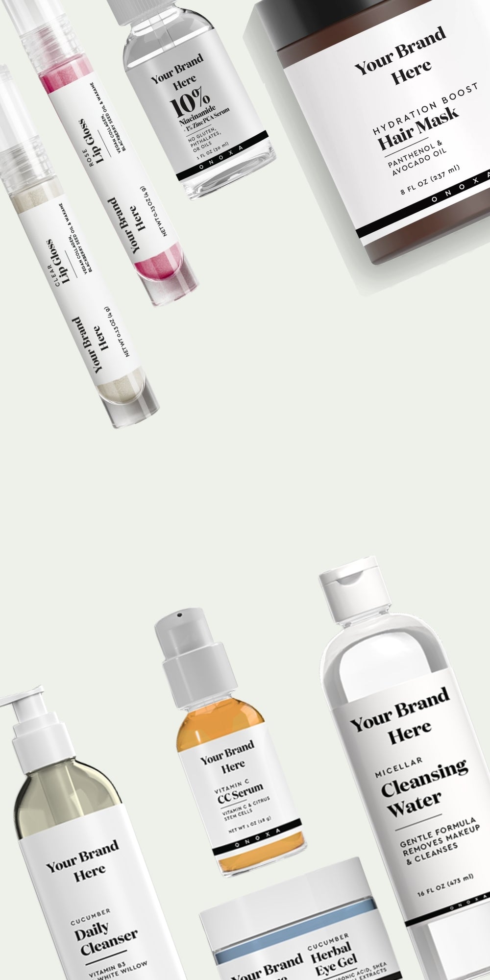 A mixture of products from Onoxa's line of skincare, beauty and haircare for white label beauty brands