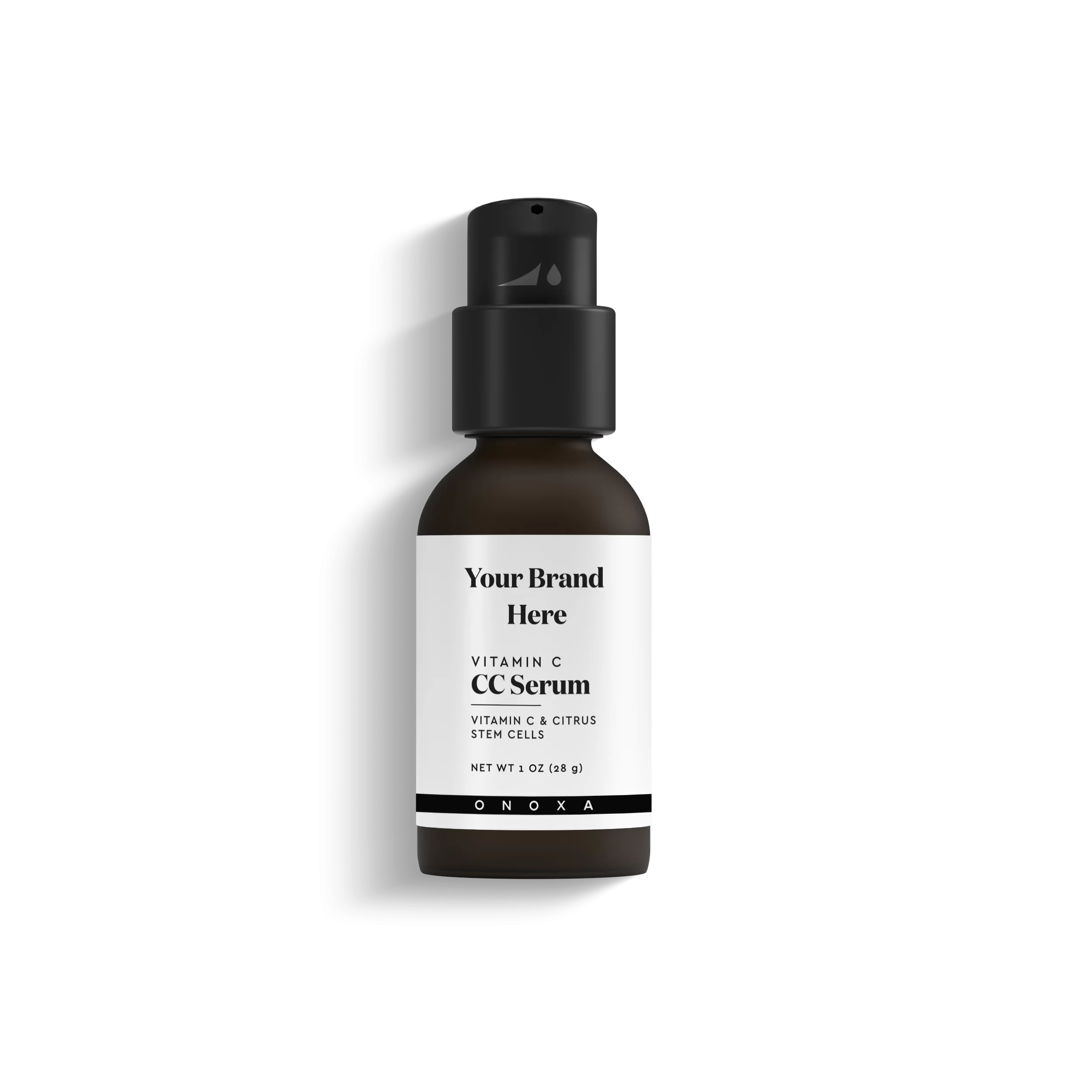 Onoxa private label Vitamin C CC Serum with Citrus Stem Cells in 1 oz (28g) amber glass pump bottle