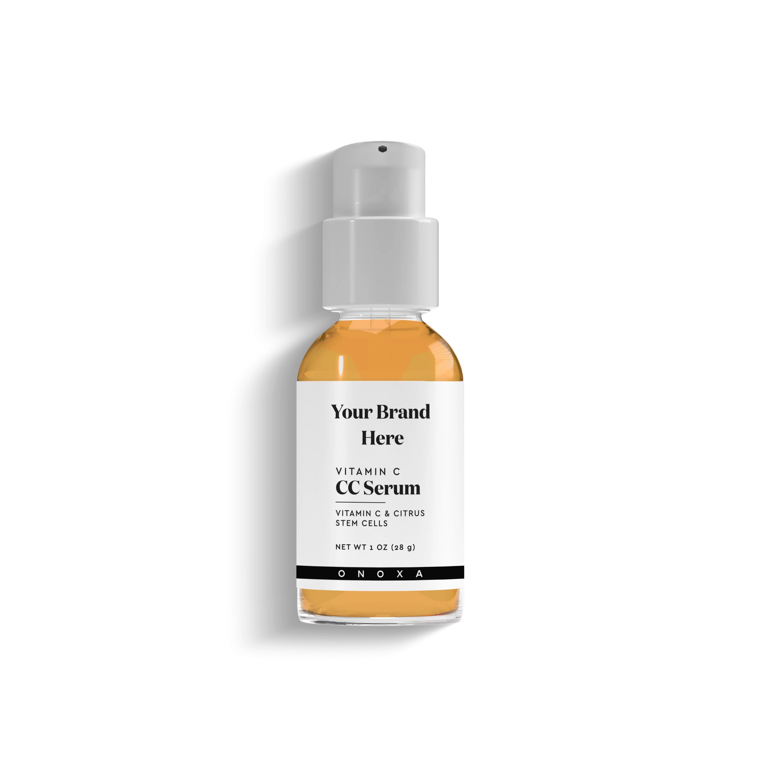 Onoxa private label Vitamin C CC Serum with Citrus Stem Cells in 1 oz (28g) clear glass pump bottle