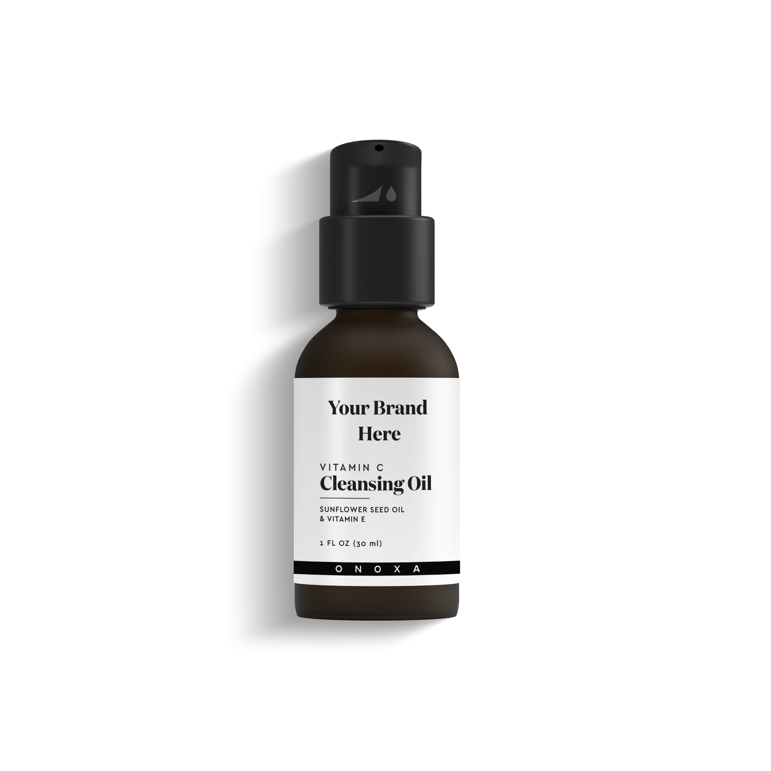 Onoxa private label Vitamin C cleansing oil with sunflower seed oil and vitamin E in 1 fl oz (30ml) amber pump bottle