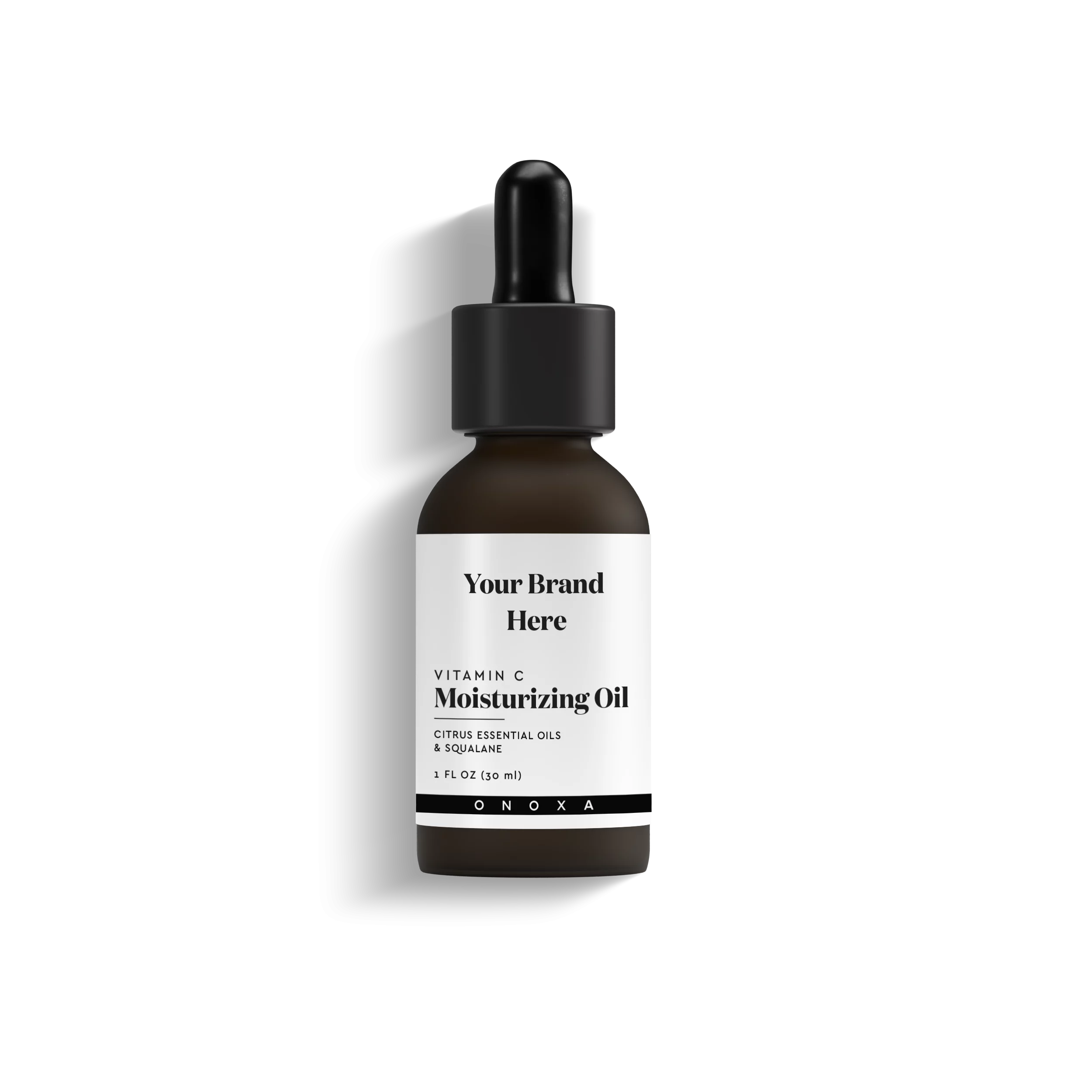 Onoxa private label Vitamin C moisturizing oil with citrus essential oils and squalane in 1 fl oz (30ml) amber dropper bottle