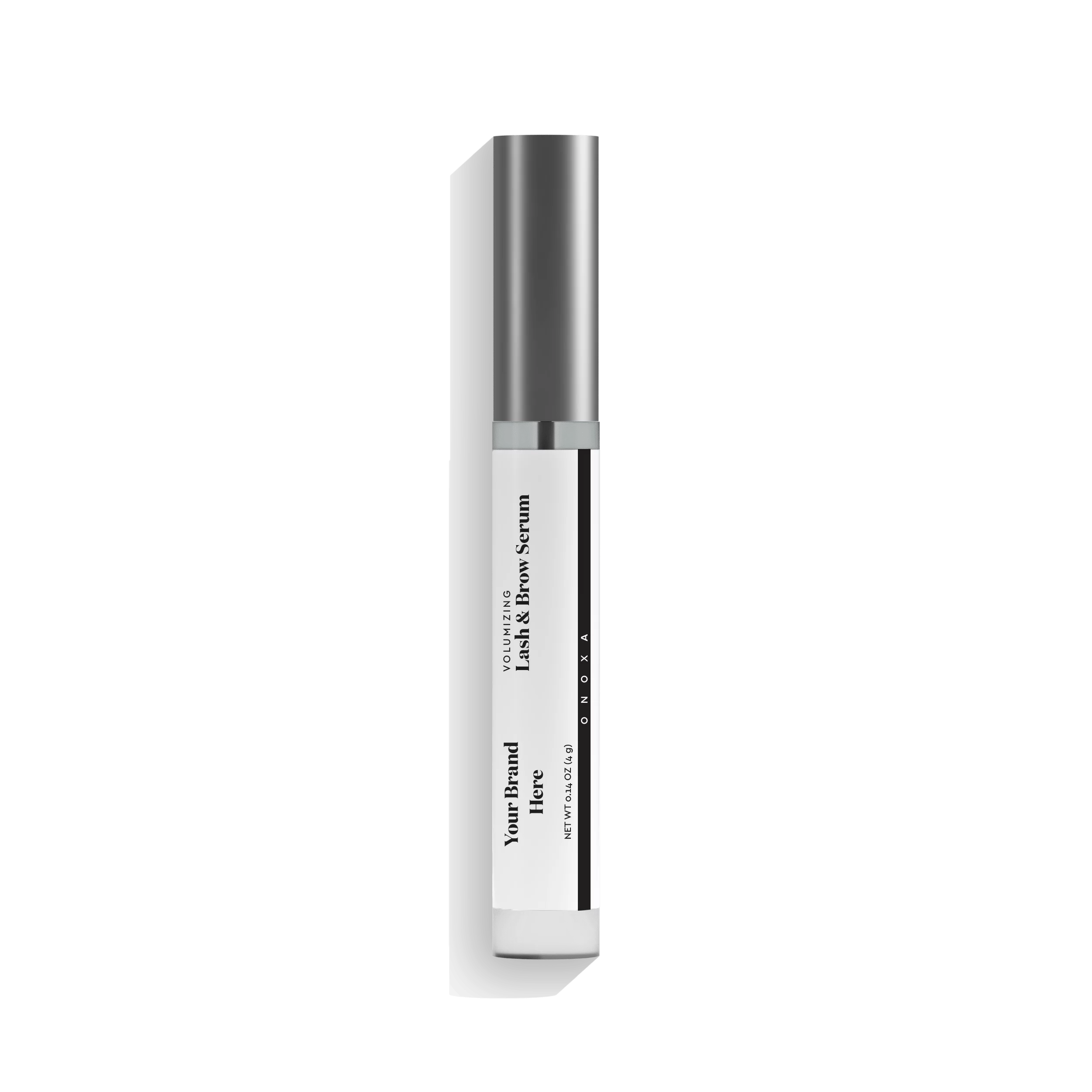 Private label Volumizing Lash & Brow Serum in 0.14 oz (4g) silver tube with custom branding options by Onoxa